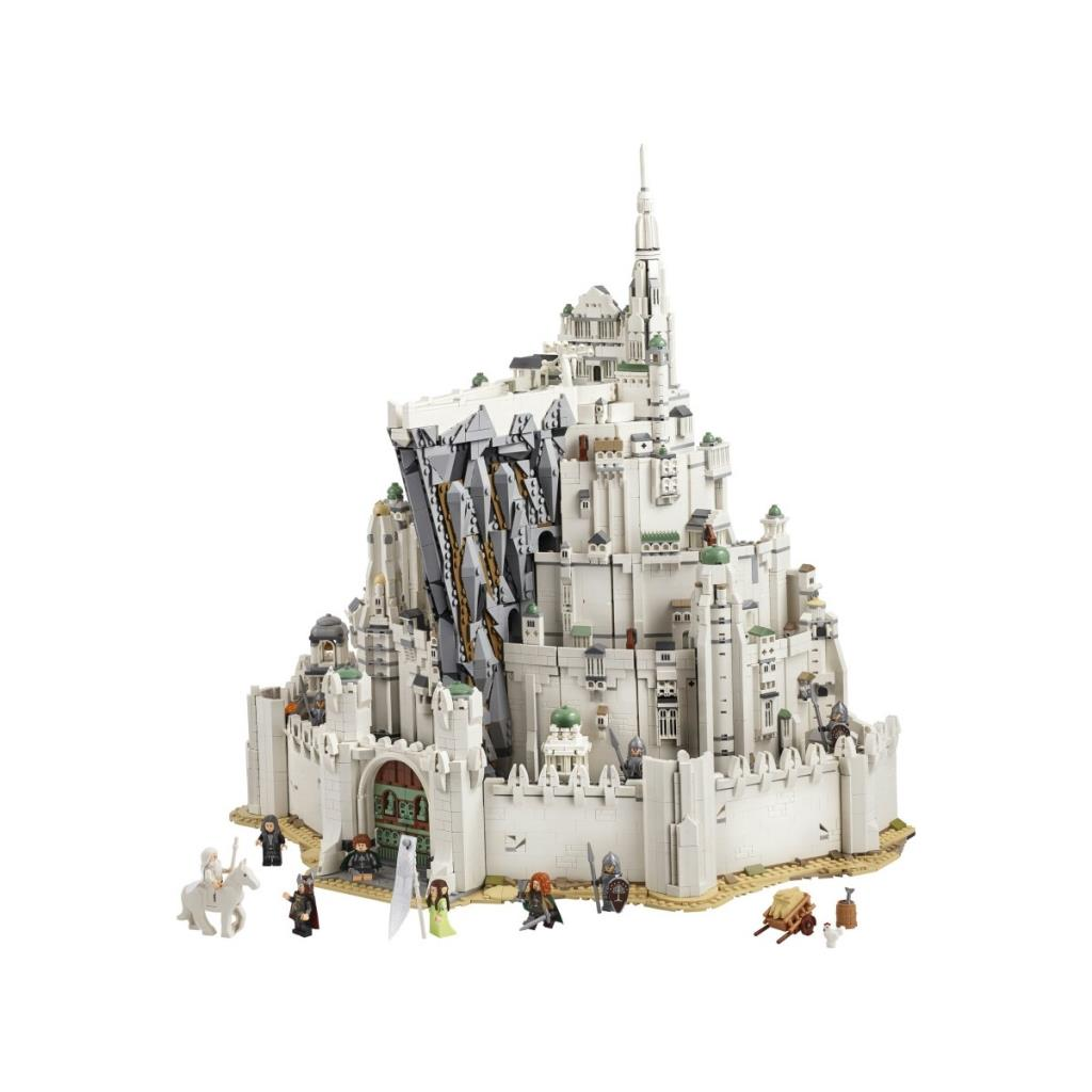Önde figürler ve at bulunan büyük beyaz bir Lego kalesi.