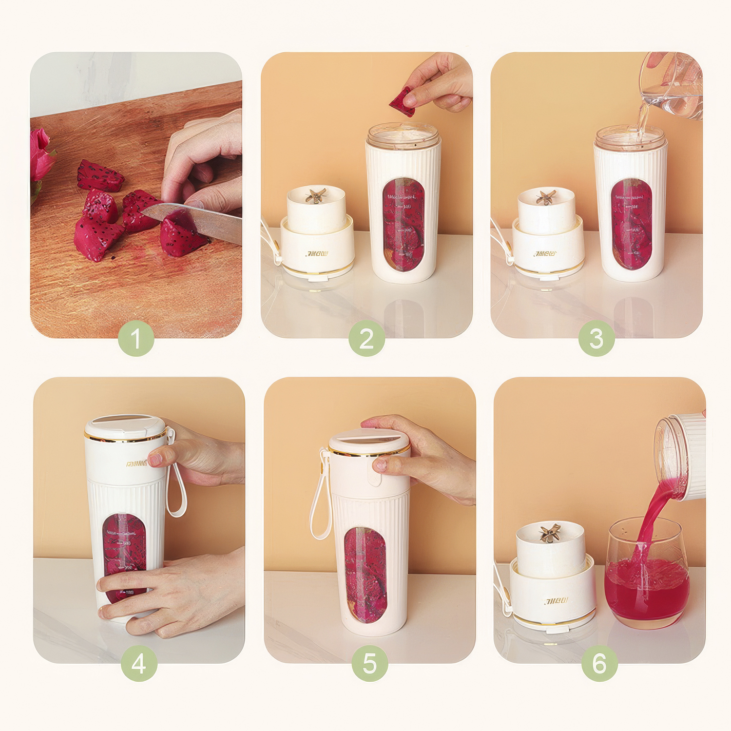 Cortar fruta de dragón, añadir a la botella, añadir agua, cerrar botella, verter zumos.