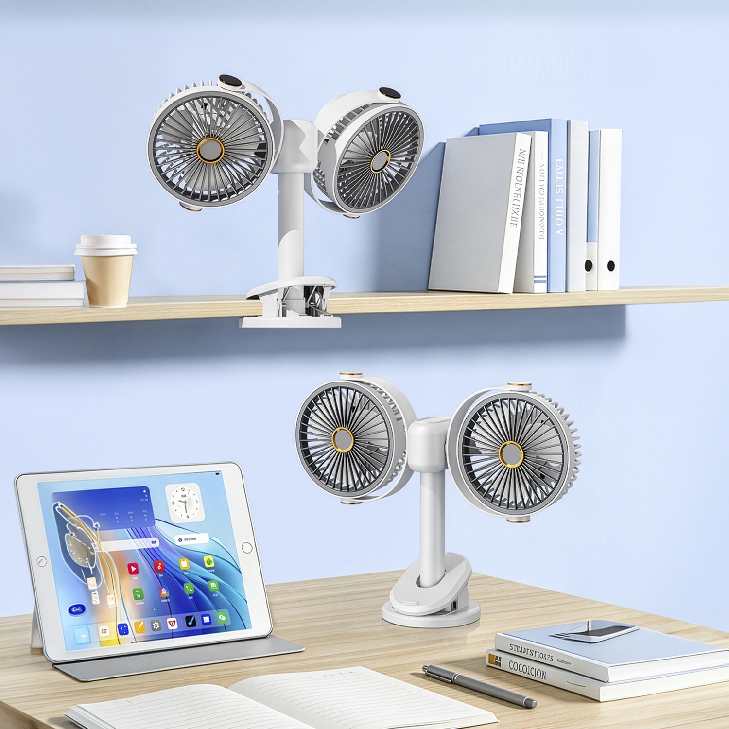 Un ventilador doble blanco con base de pinza está sobre un escritorio junto a una tableta.