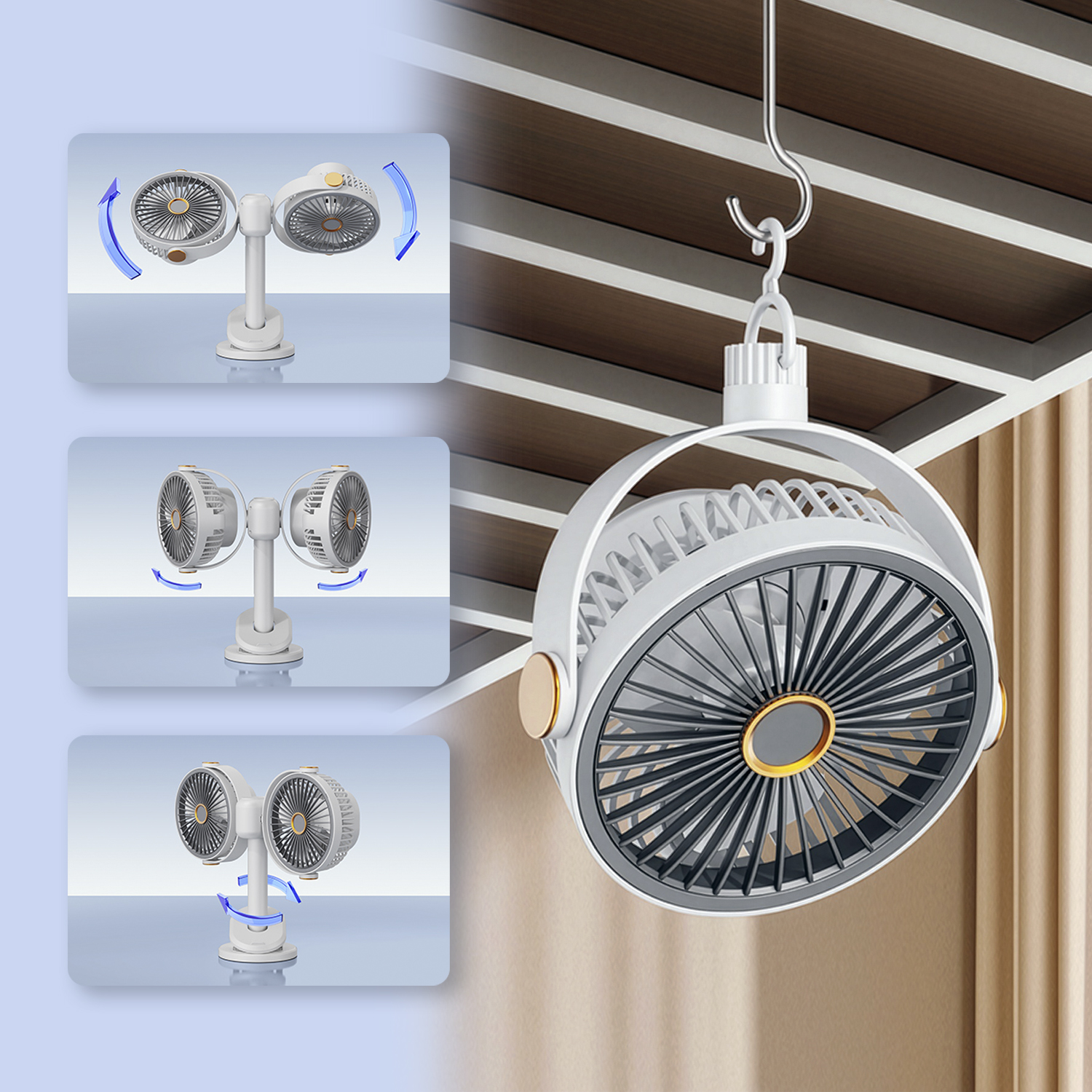 Un ventilador blanco de doble cabezal cuelga de un gancho en el techo.
