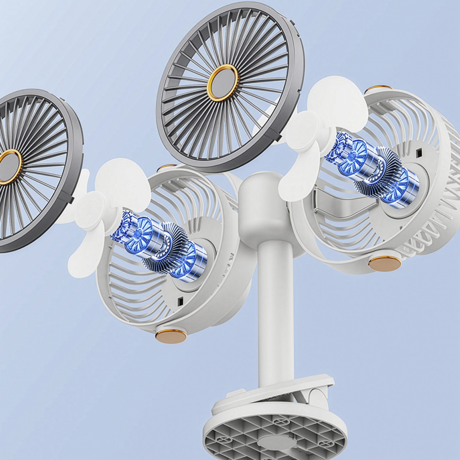 Dos ventiladores blancos con carcasas abiertas revelan motores azules brillantes.