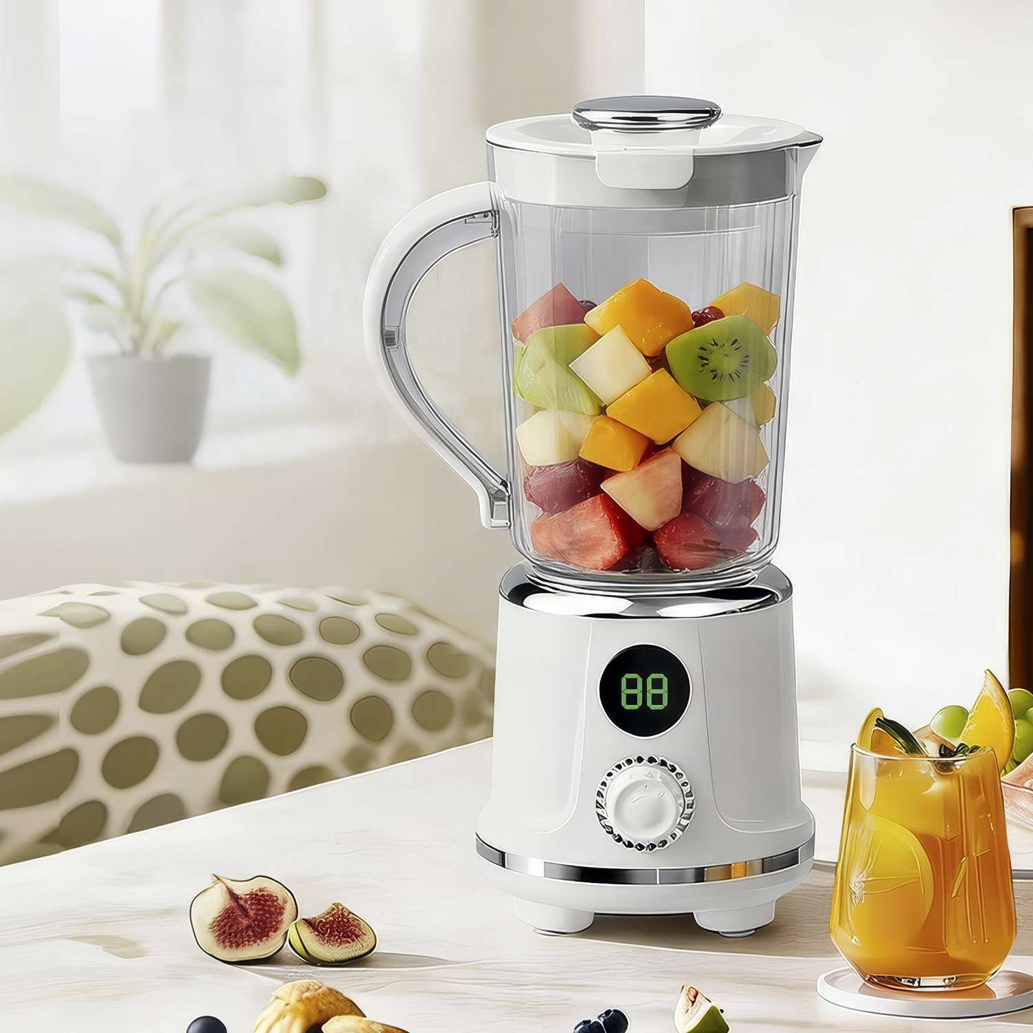 Licuadora blanca llena de frutas cortadas, junto a un vaso de jugo e higos en una mesa.
