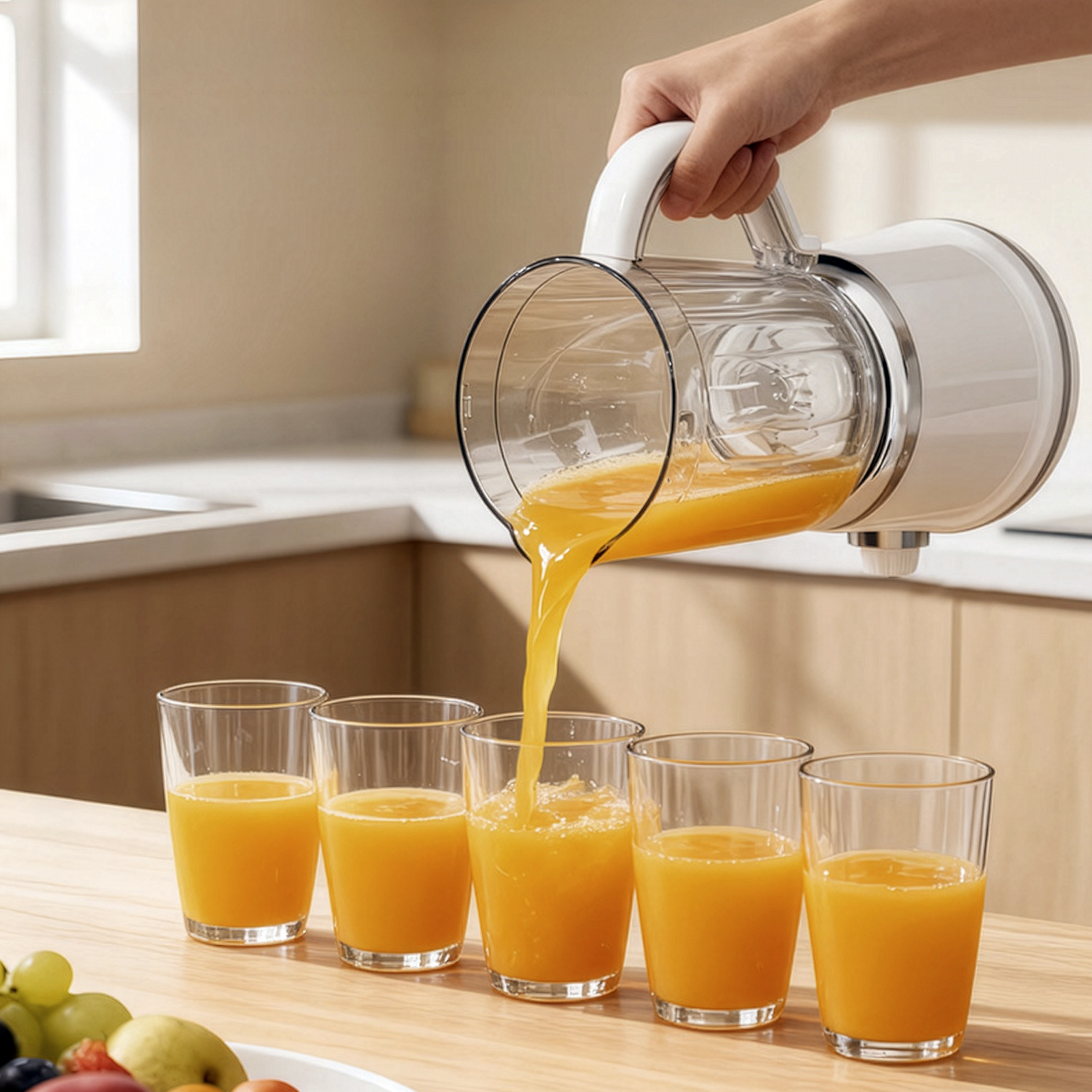 Una licuadora blanca vierte jugo de naranja en vasos sobre una mesa de madera.