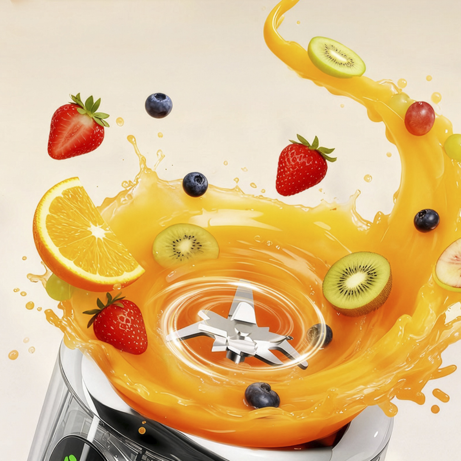Batidora con salpicadura de jugo de naranja, fresas, arándanos, kiwi, uvas y rodajas de melocotón.