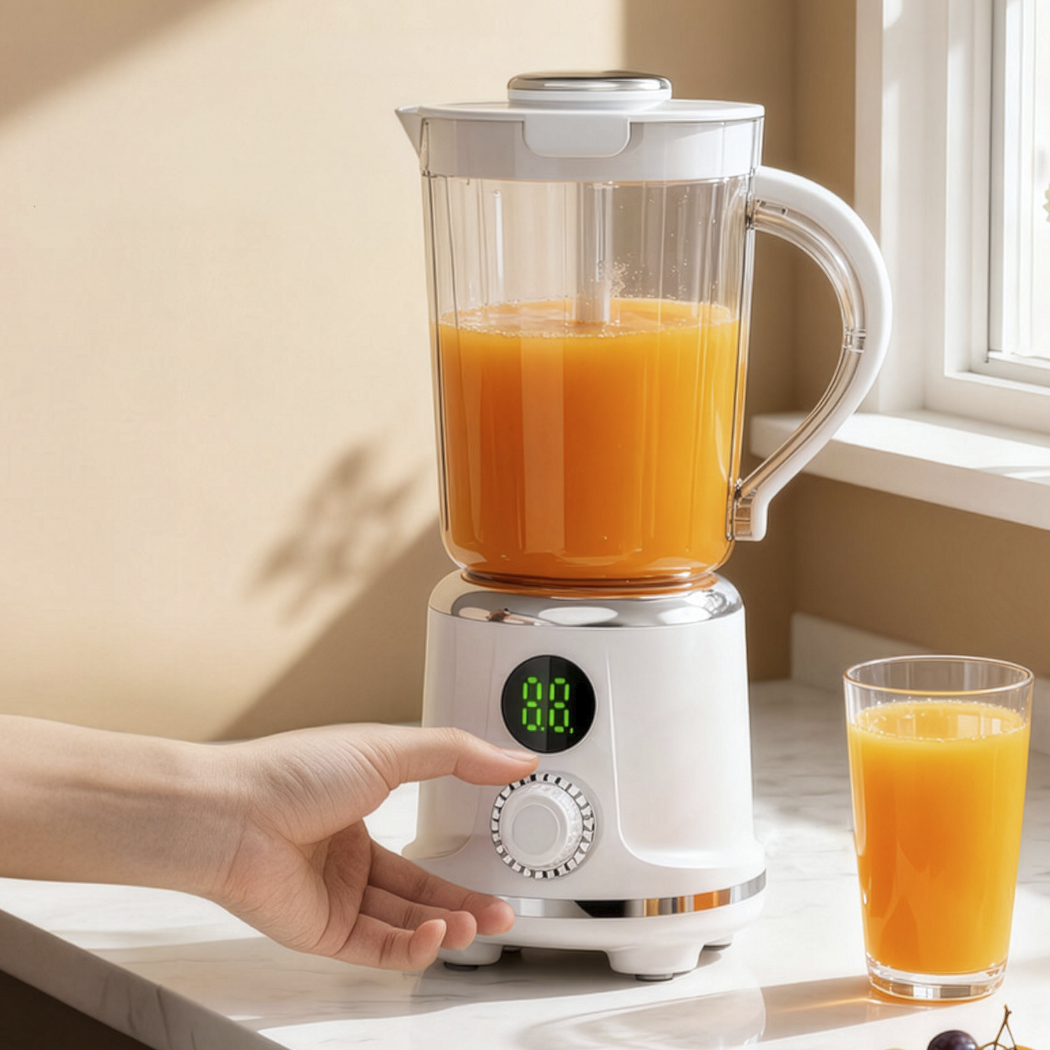 Una licuadora blanca con jugo de naranja, una mano operando un dial.