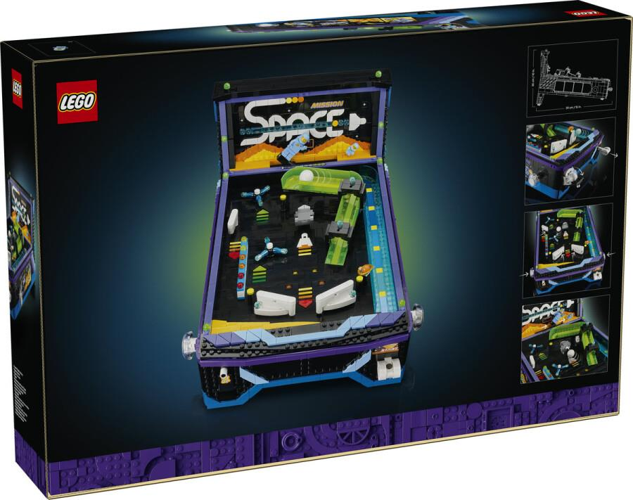 Mor ve siyah uzay temalı Lego langırt makinesi modeli, oyun alanı ve yan detayları gösteriliyor.