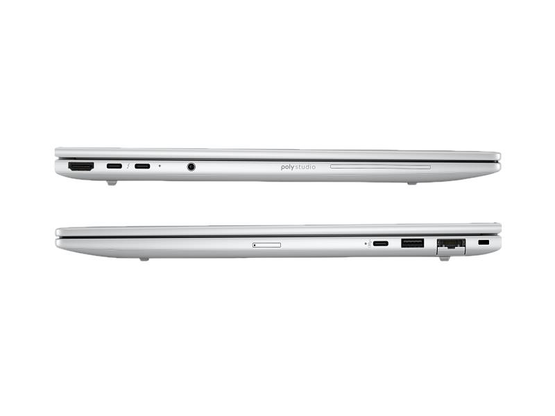 Gümüş laptop profili, bağlantı noktaları: HDMI, USB-C, ses jakı ve güç düğmesi.