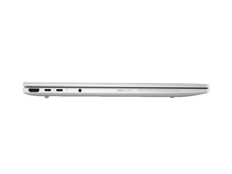 Gümüş rengi laptop yan görünümde portlar: HDMI, USB-C, ses jakı ve "poly studio" logosu.