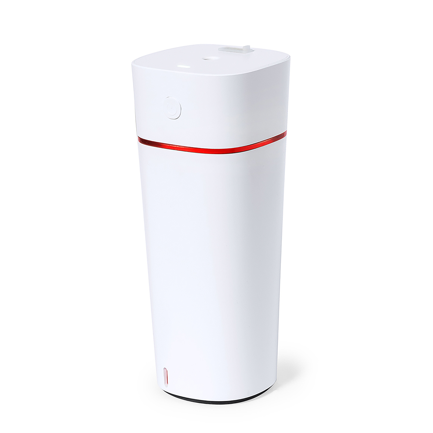 Un humidificador blanco con anillo rojo y botón.