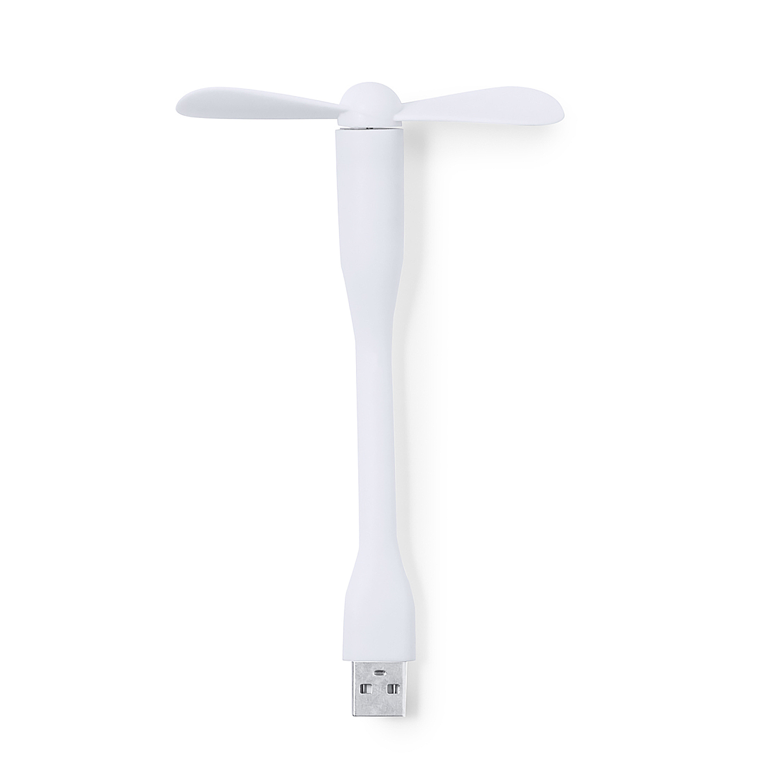 Un ventilador USB blanco con cuello flexible y dos aspas.
