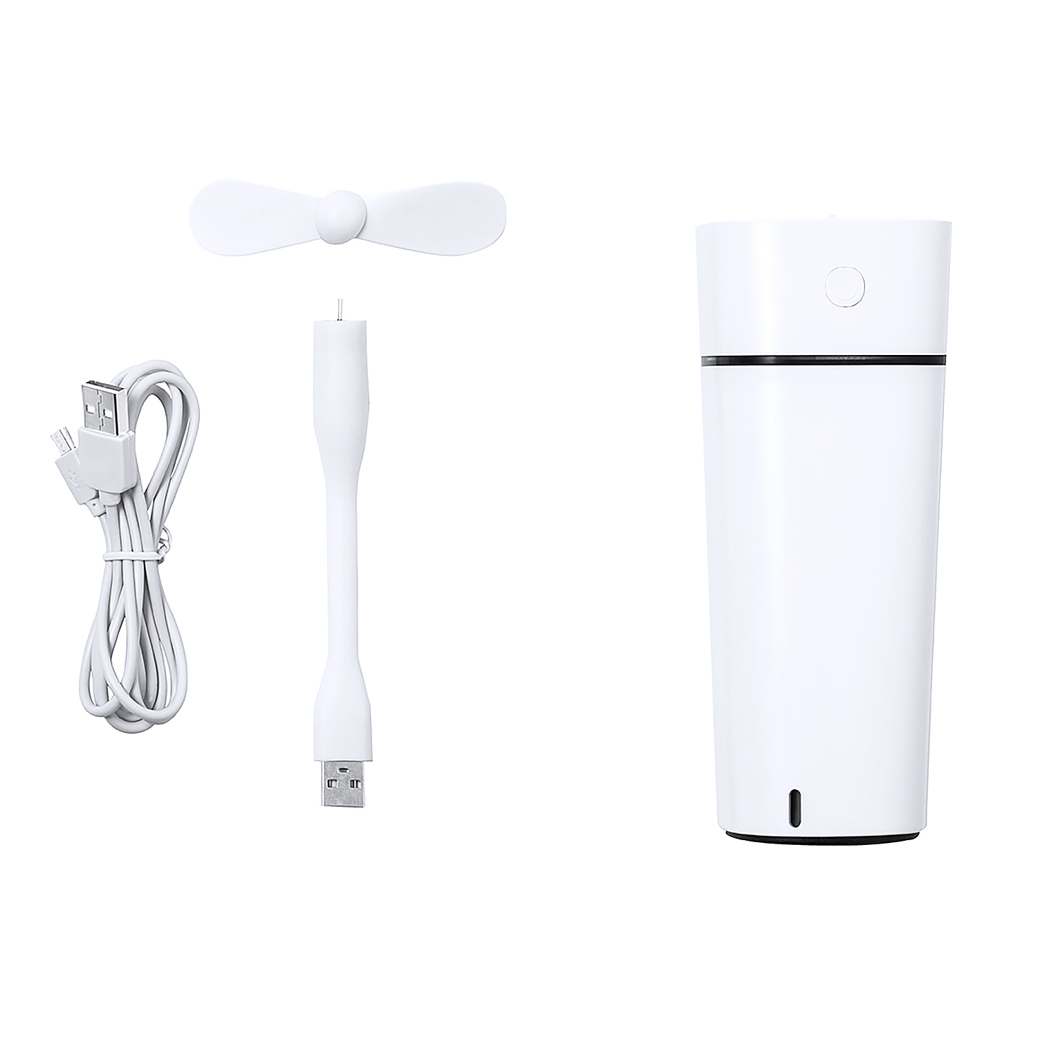 Un accesorio de ventilador USB blanco, un cable USB flexible y un humidificador blanco.