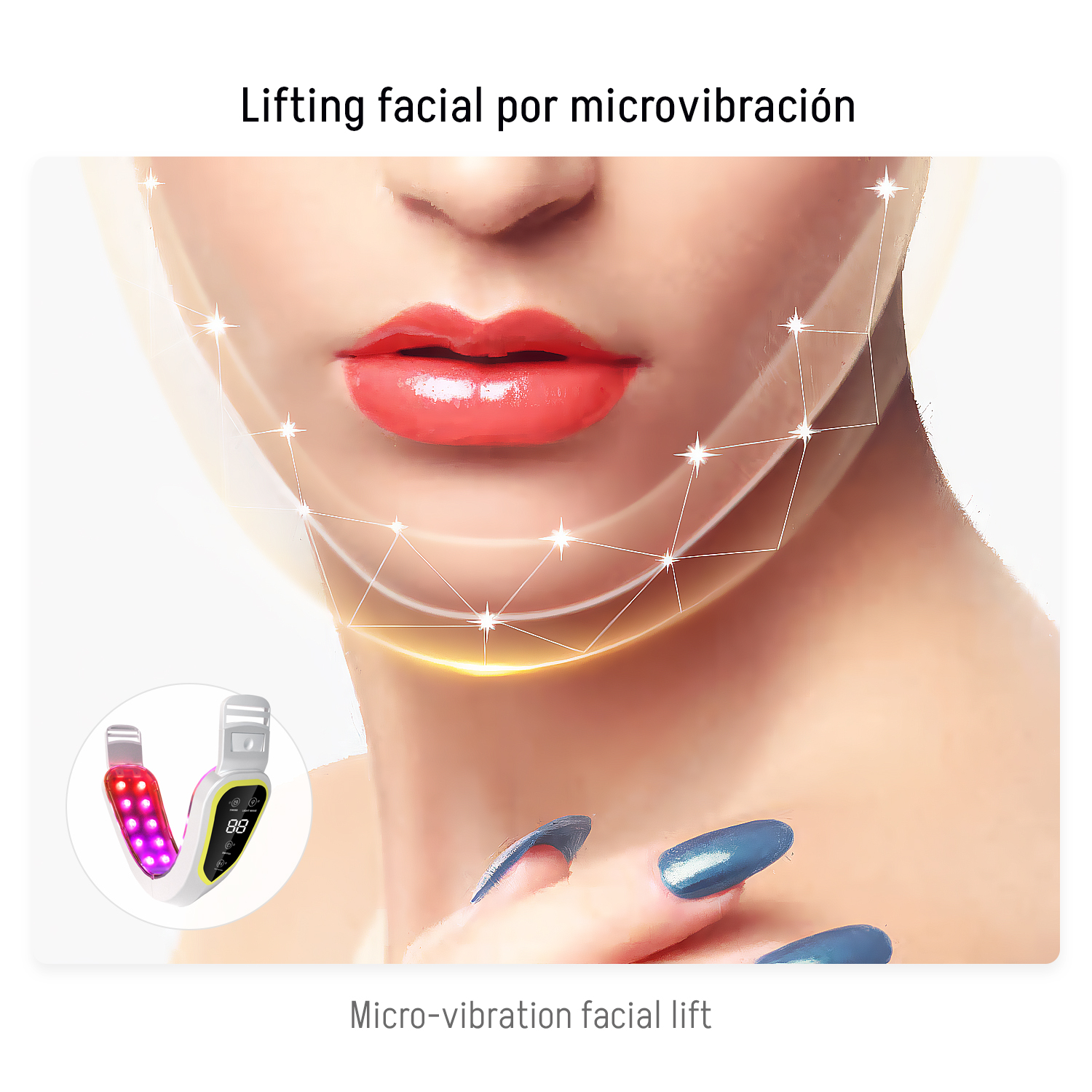 Dispositivo de lifting facial con labios rojos y uñas azules.