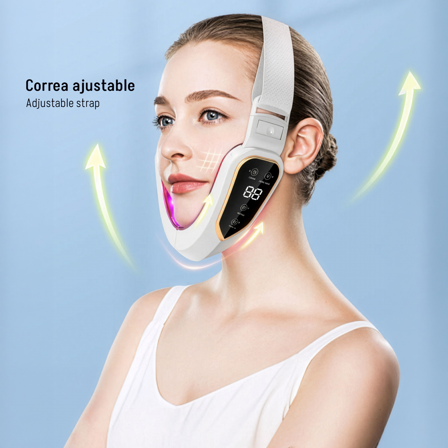 Mujer con dispositivo V-line para adelgazar el rostro en barbilla y cuello.