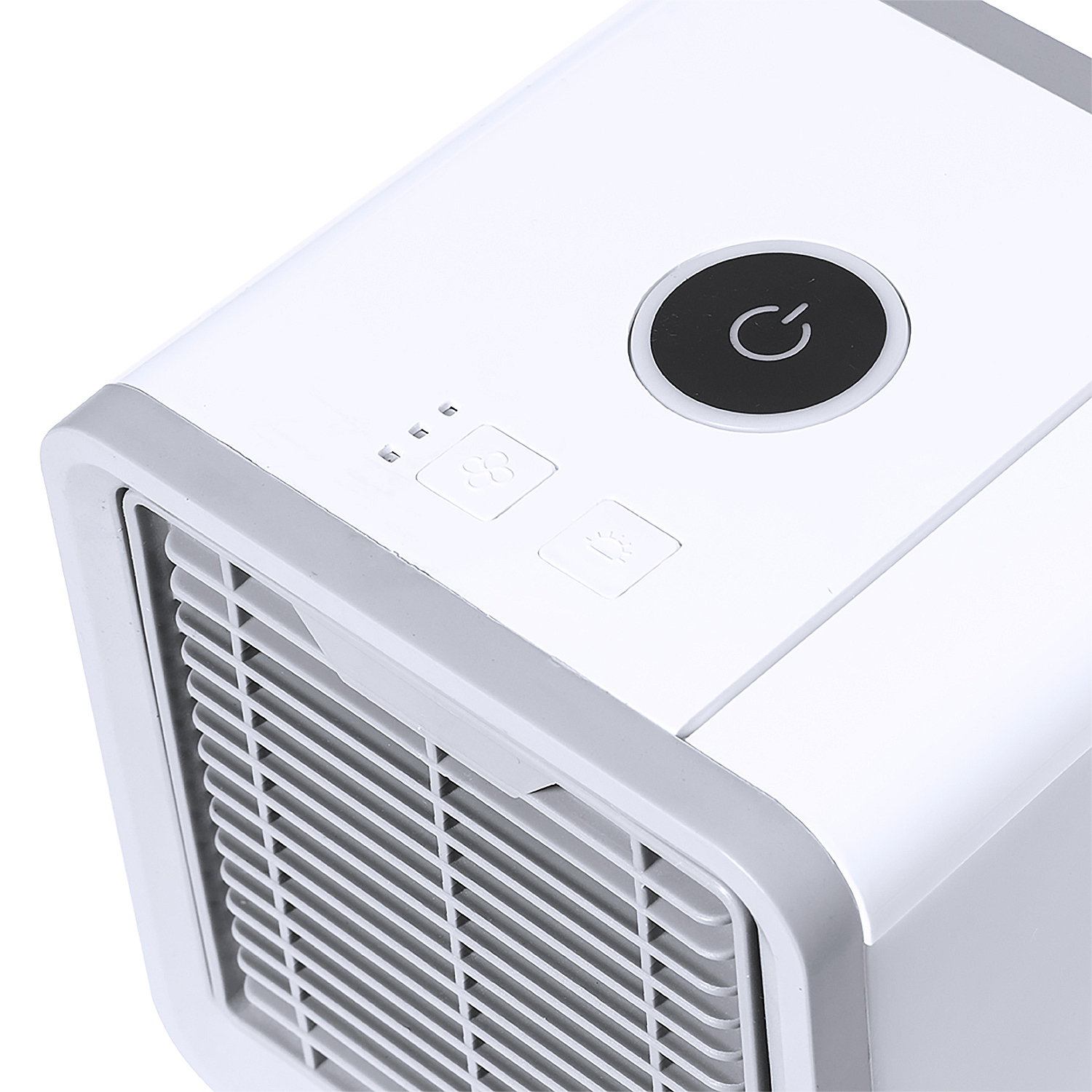 Enfriador de aire portátil blanco con ribete gris, botón de encendido e indicadores de velocidad del ventilador.
