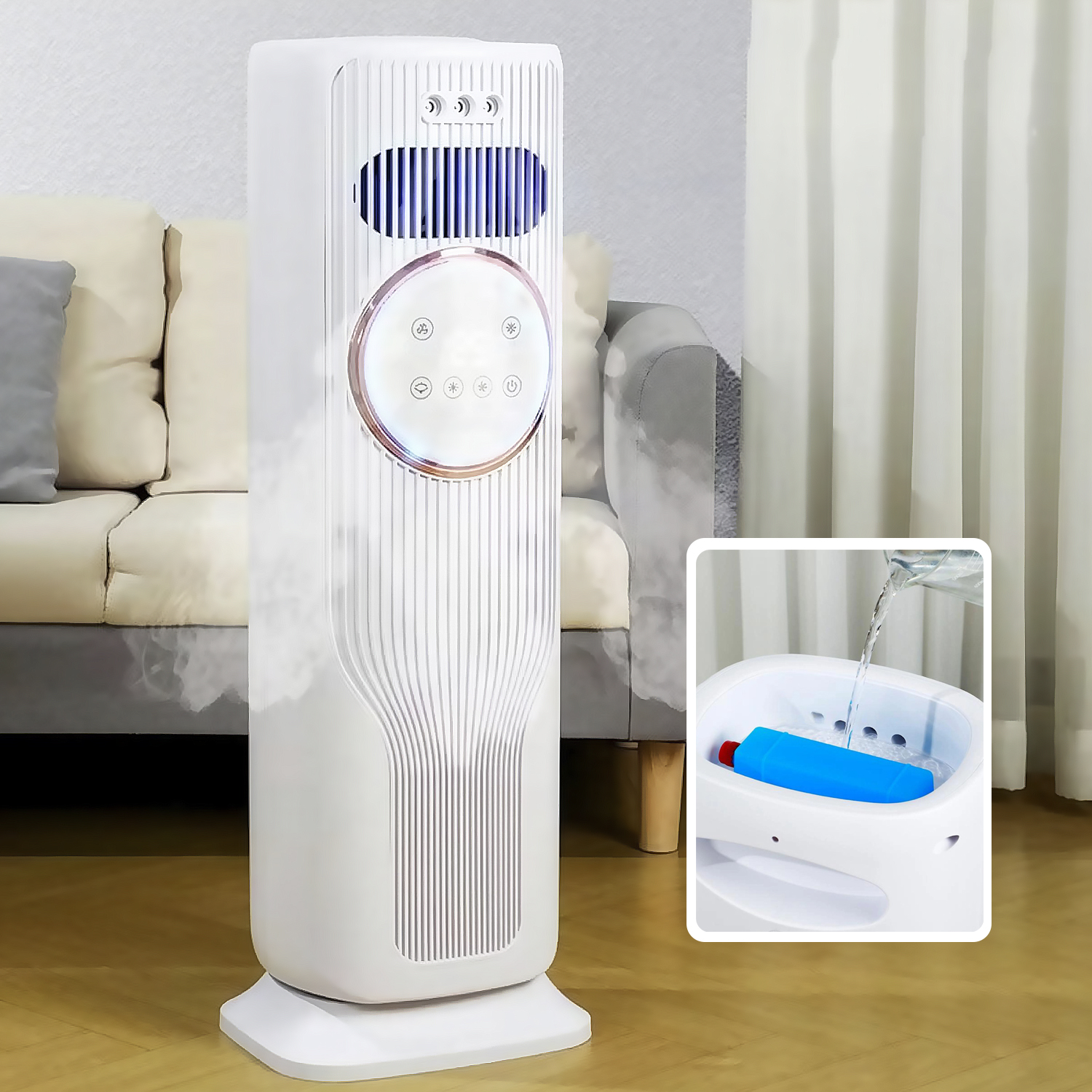 Un enfriador de aire torre blanco con niebla emitiendo desde la parte superior. Un pequeño inserto muestra agua vertiéndose en una bolsa de hielo azul.