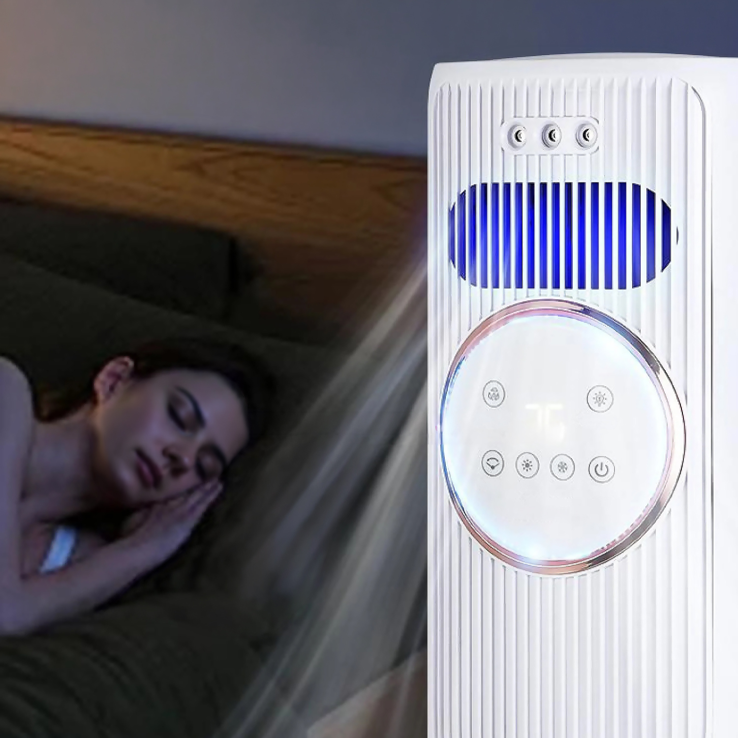 Mujer duerme en cama junto a ventilador torre blanco con luces azules.