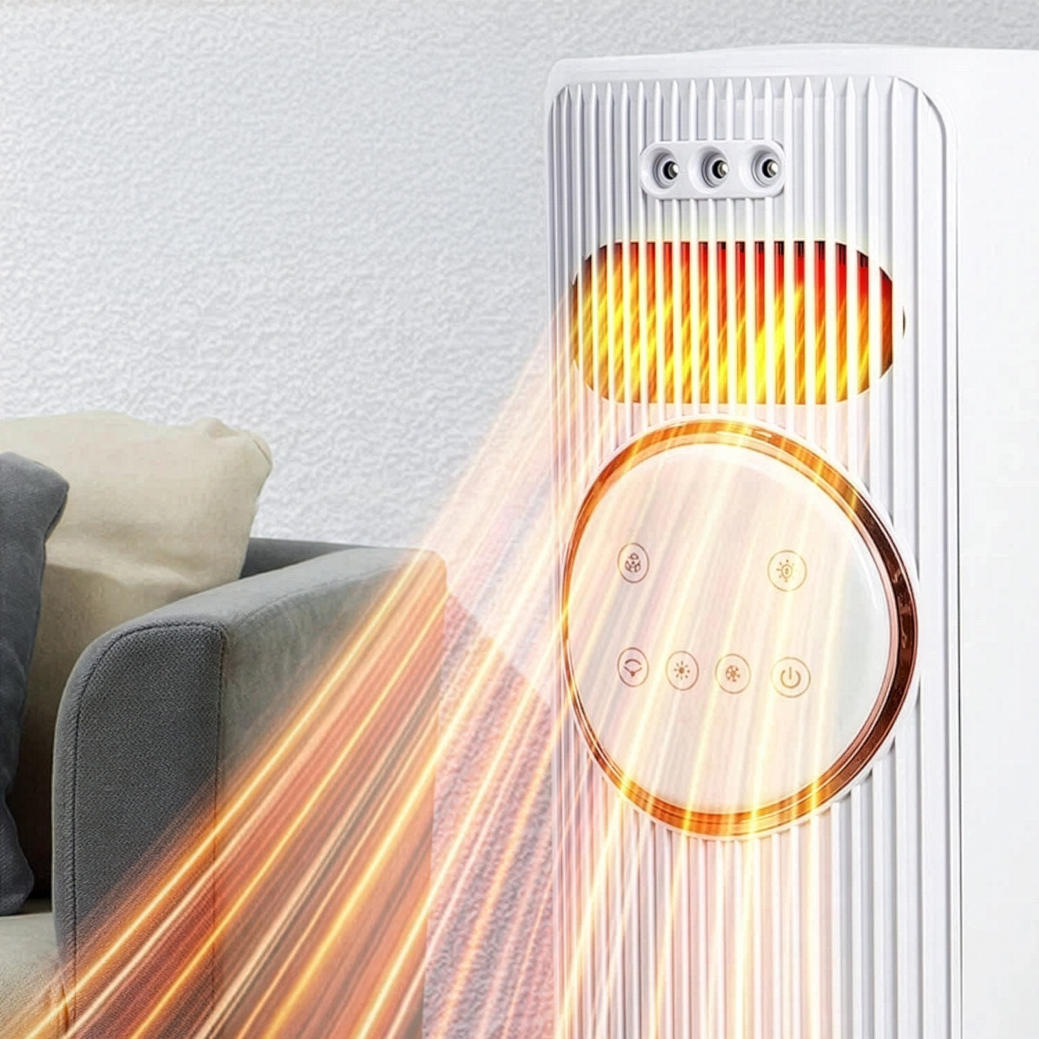 Un calefactor con rejillas de ventilación y controles junto a un sofá.
