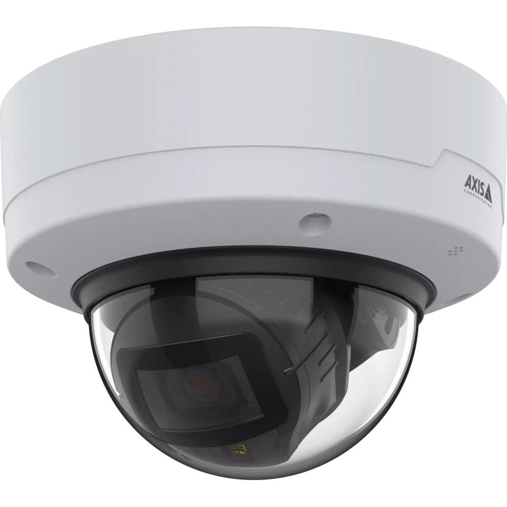 Una cámara de seguridad blanca con cúpula transparente y carcasa negra.