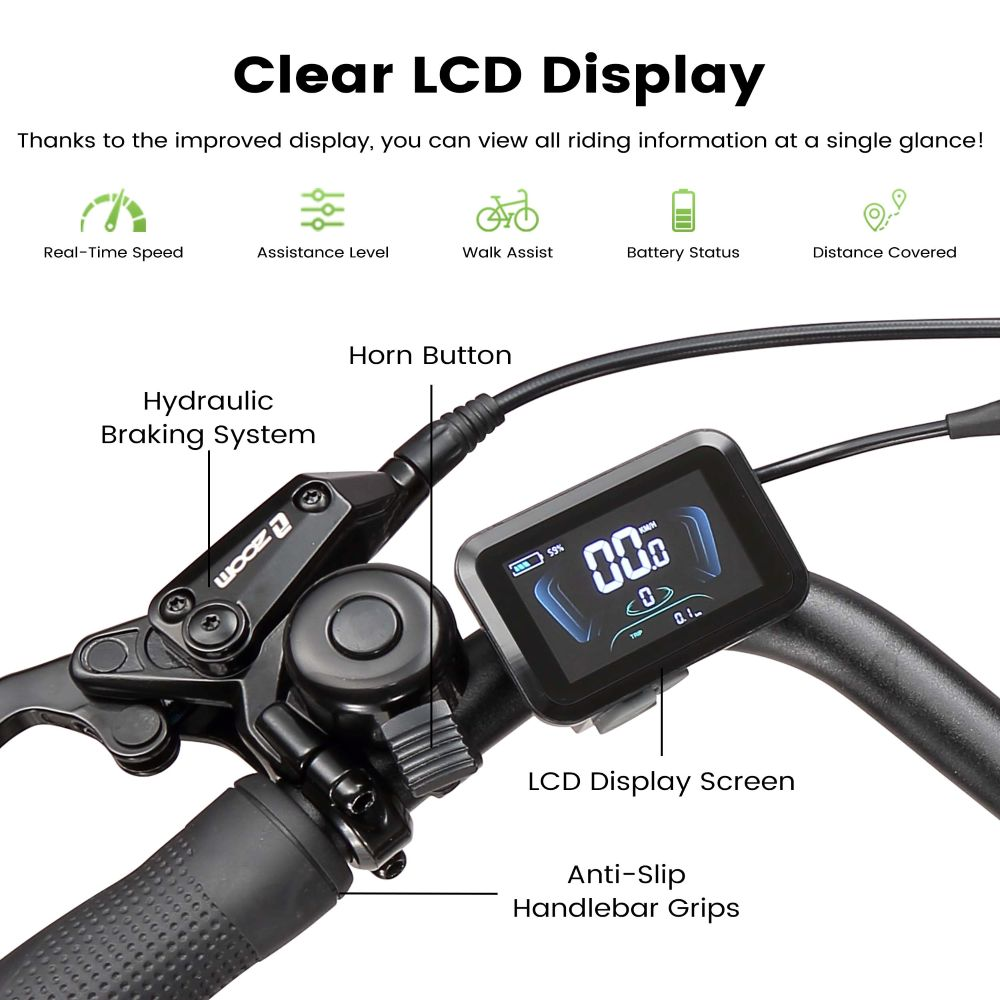 Manillar de e-bike con pantalla LCD, maneta de freno, bocina y puños.