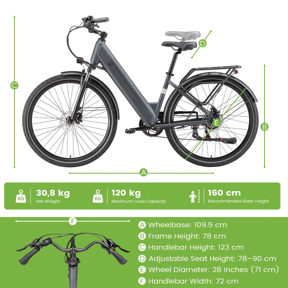 Bicicleta eléctrica gris con dimensiones: Distancia entre ejes 109,5 cm.