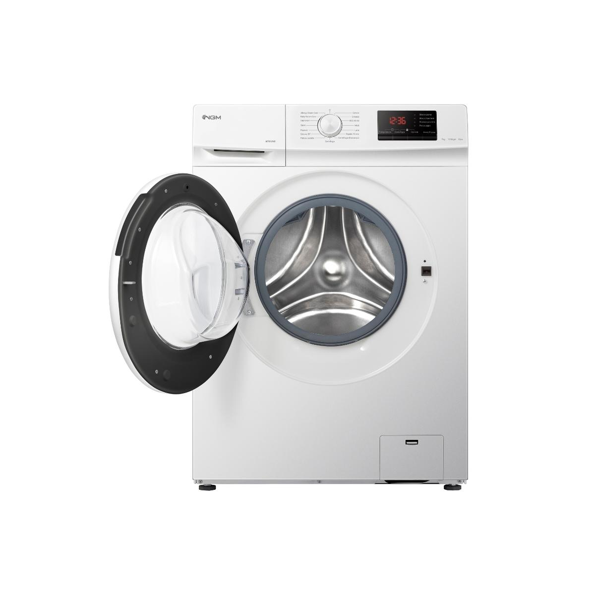 Lavatrice bianca a carica frontale con porta aperta e display digitale.