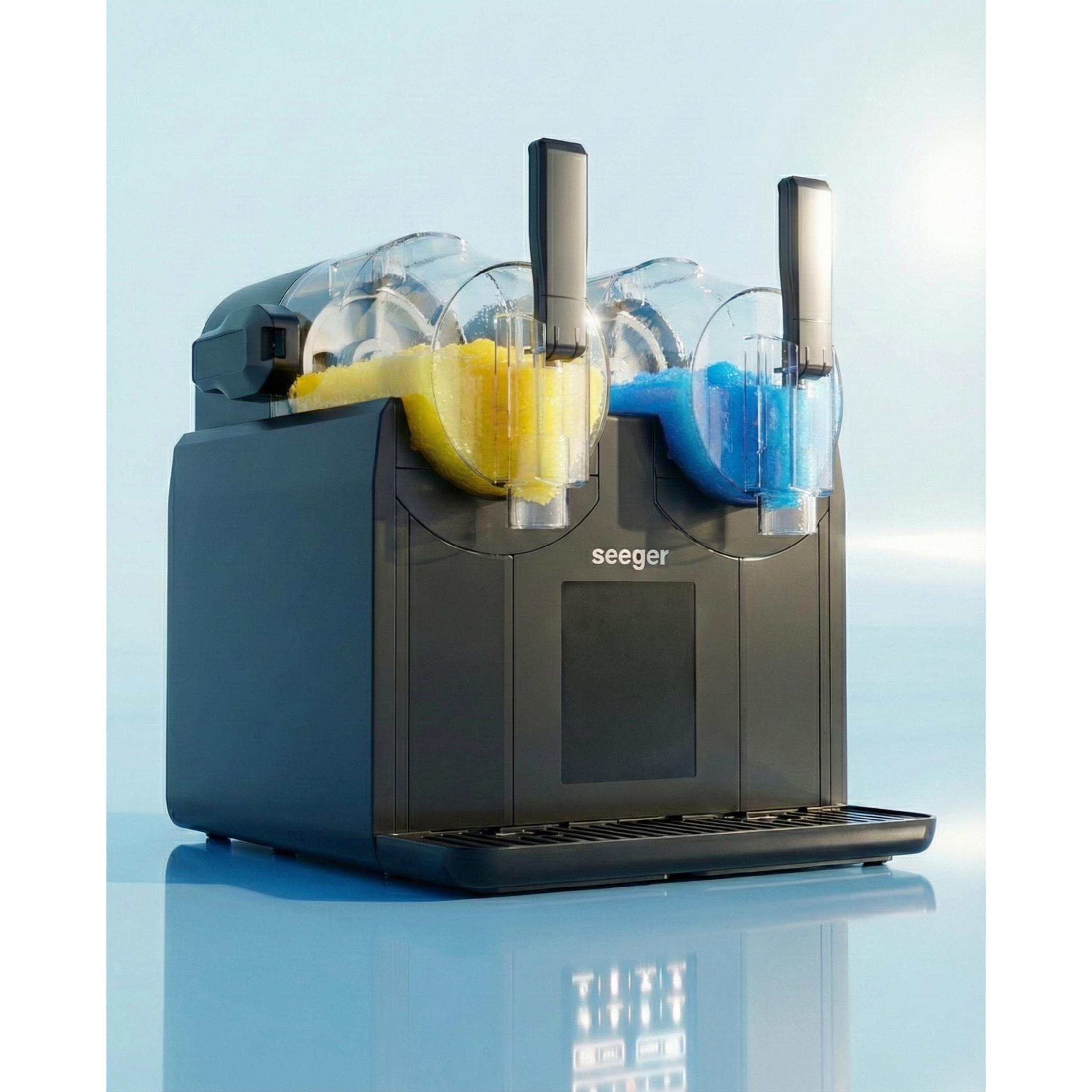 Ein schwarzer Seeger Slush-Eismaschine mit zwei Behältern, gefüllt mit gelber und blauer Slush-Eis.