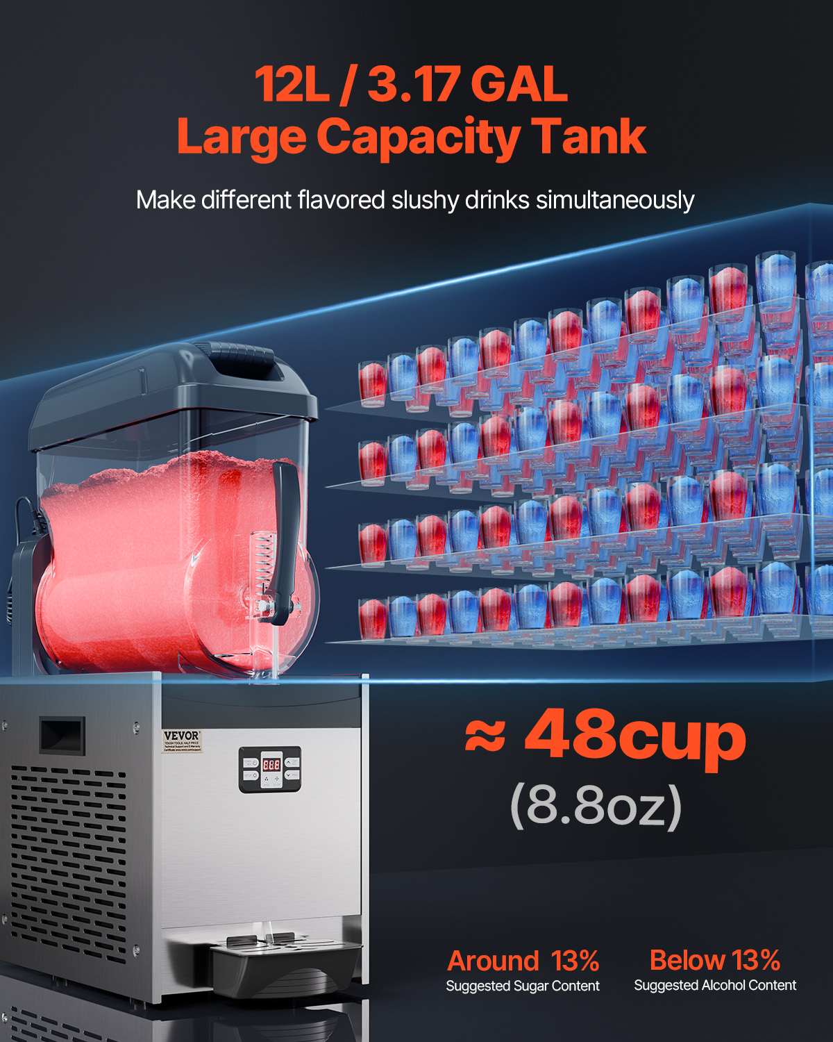 Una gran máquina de granizados de 12L con tanque rojo. Muchas tazas de bebidas rojas y azules.