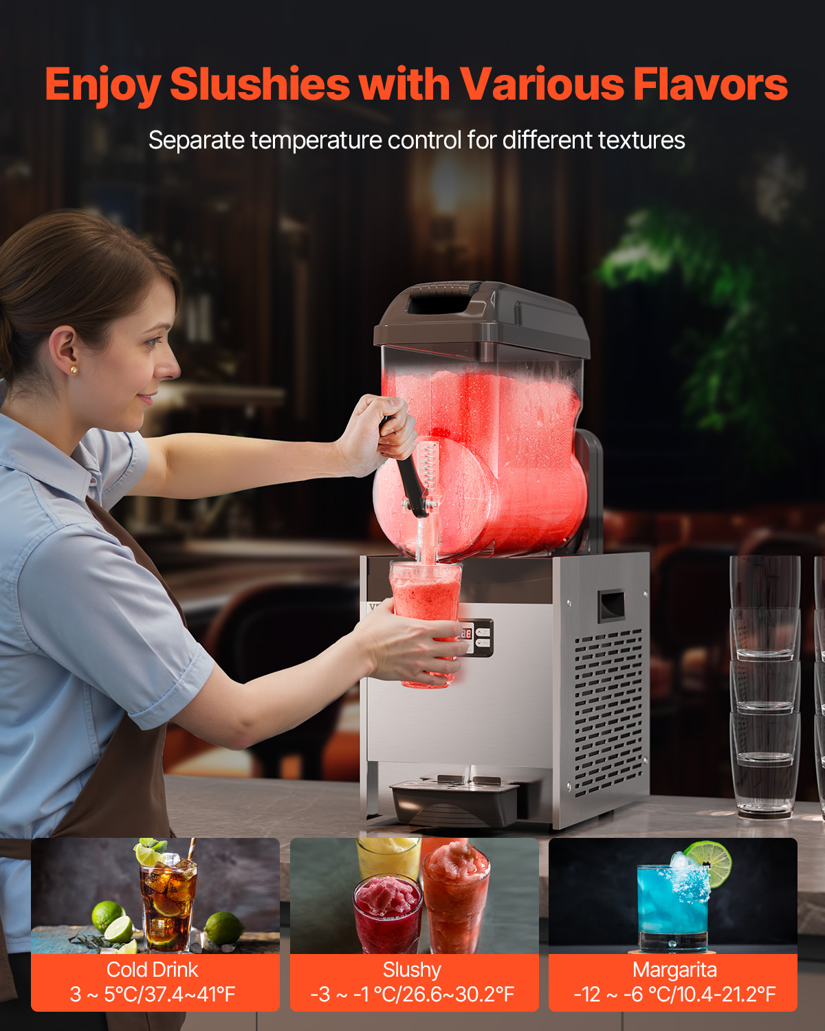 Una mujer sirve granizado rojo de una máquina. Abajo se ven bebidas.