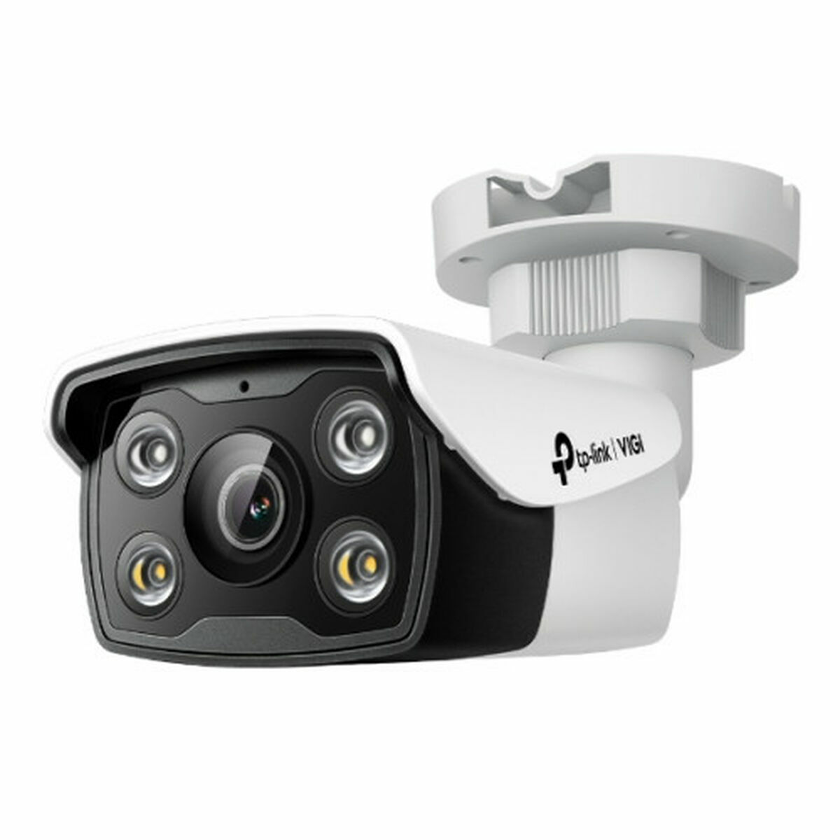 Una cámara de vigilancia blanca con cuatro LED IR y una lente.