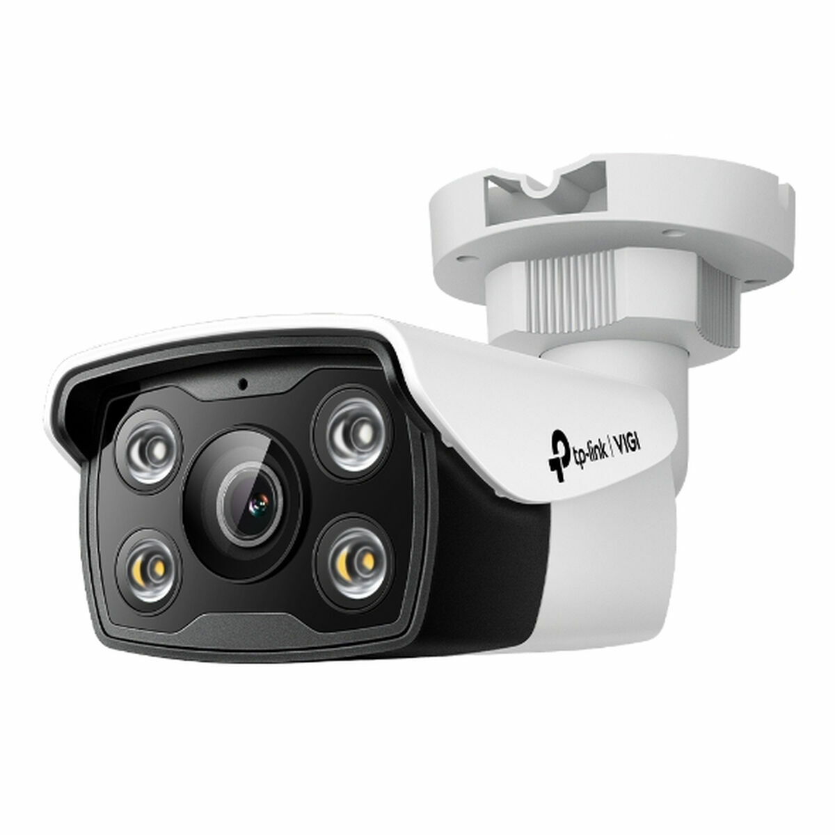 Una cámara de seguridad blanca y negra con cuatro luces infrarrojas y una lente.