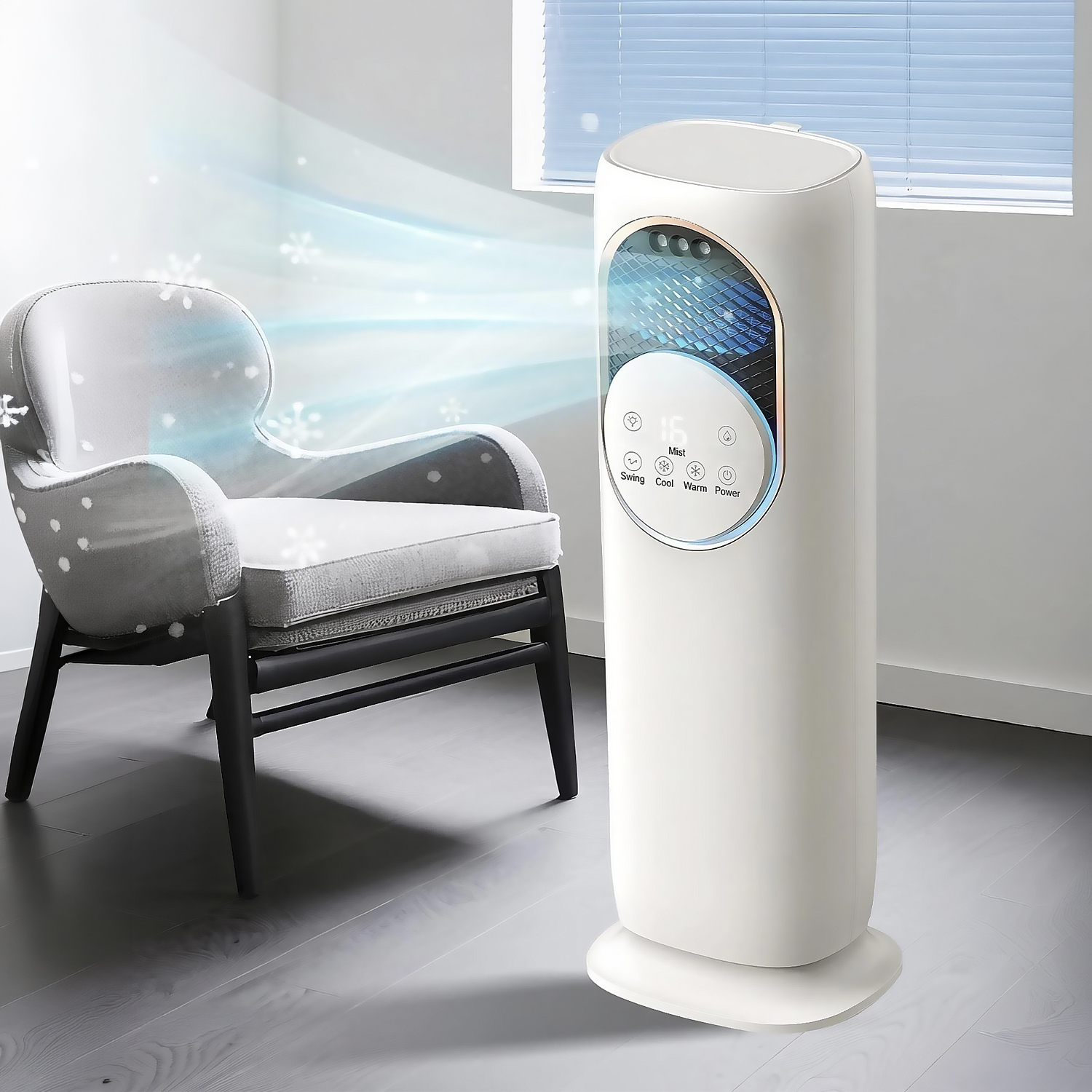 Un ventilador de torre blanco sopla aire fresco hacia un sillón.