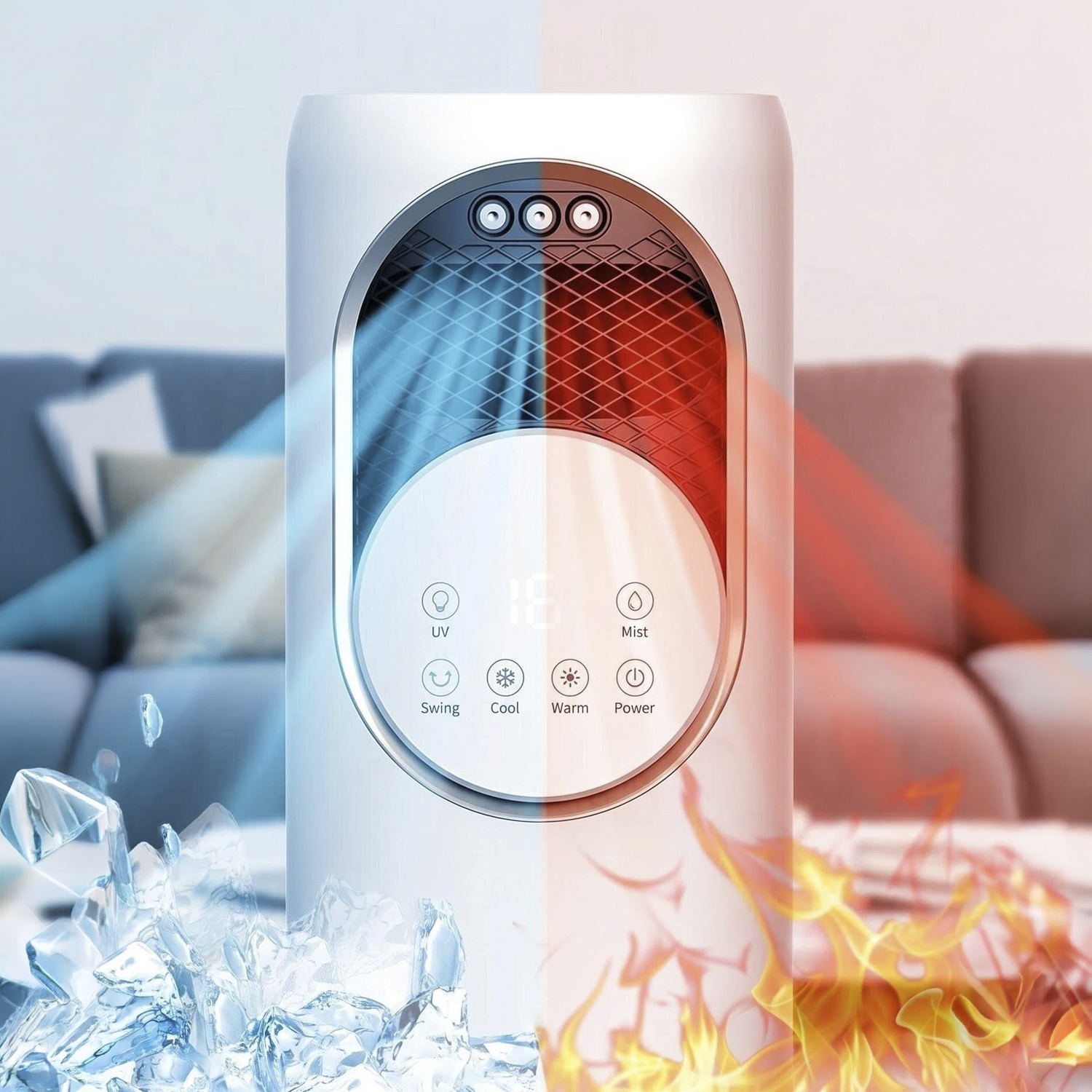 Un purificador de aire blanco con funciones frías y calientes, hielo y llamas.