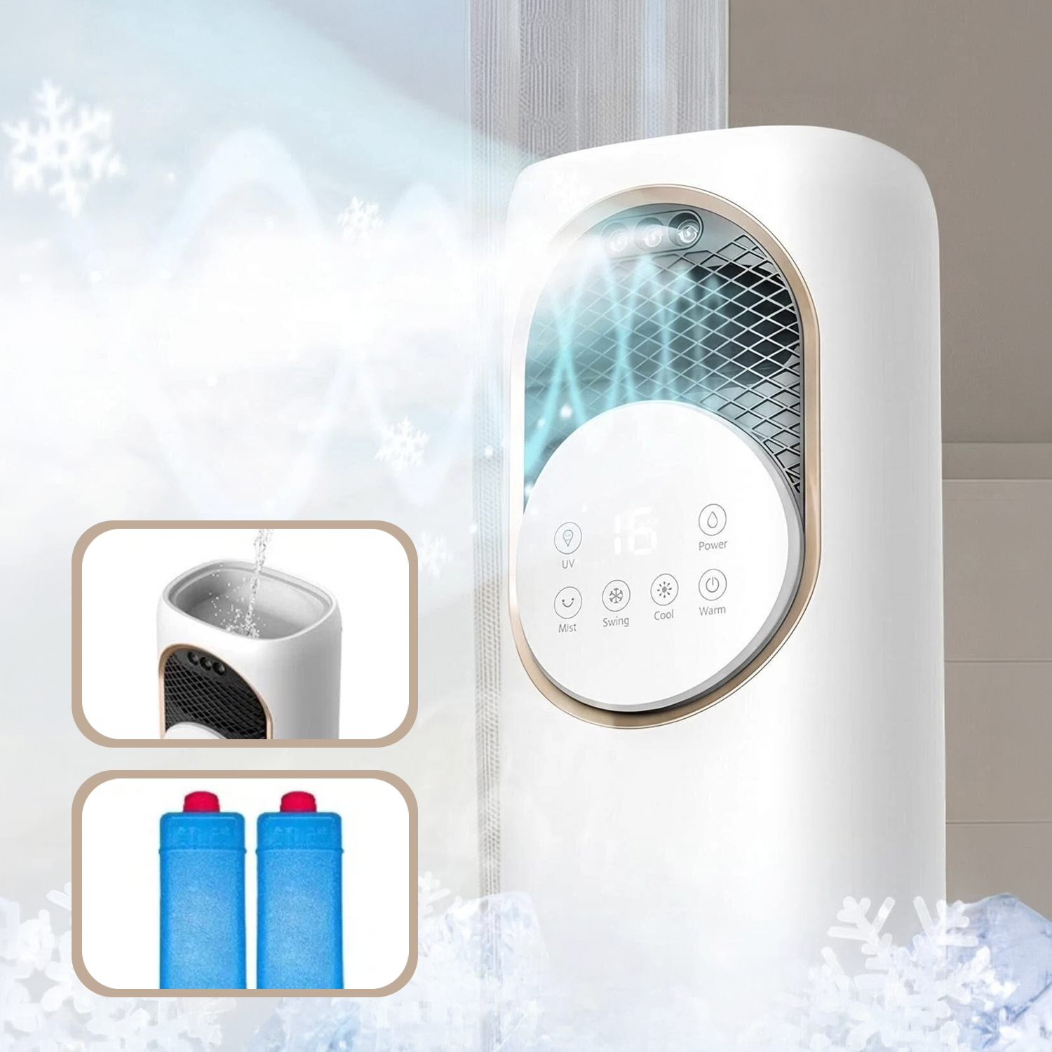 Un enfriador de aire blanco con ventilador y panel de control. Se vierte agua en la parte superior izquierda.