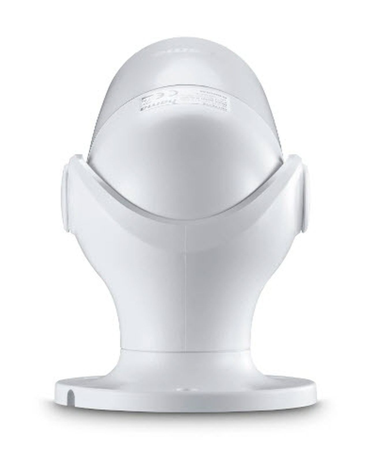Un sensore di movimento bianco con base rotonda e sensore a cupola.