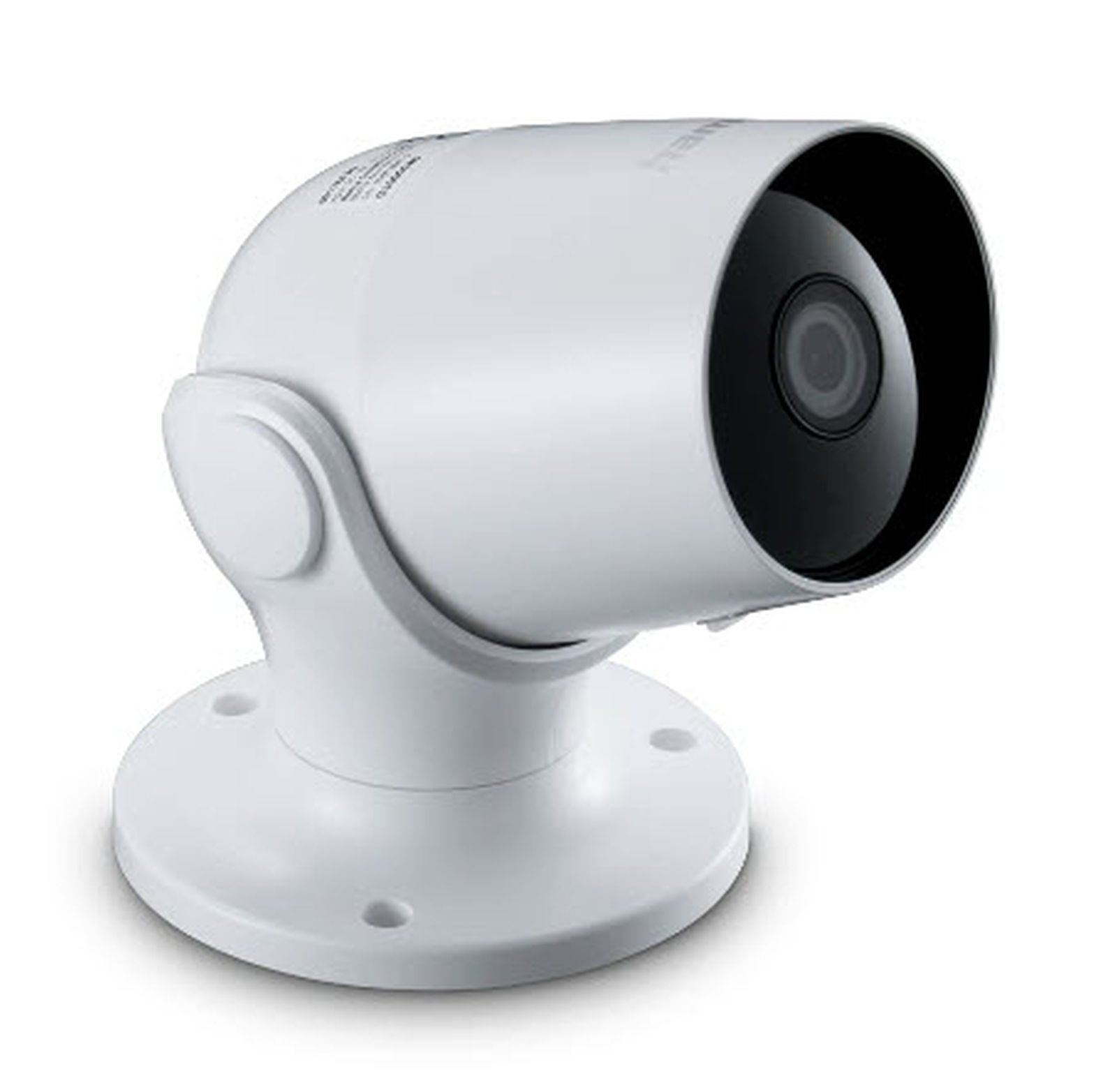 Una telecamera di sicurezza bianca con lente nera, montata su una base circolare.