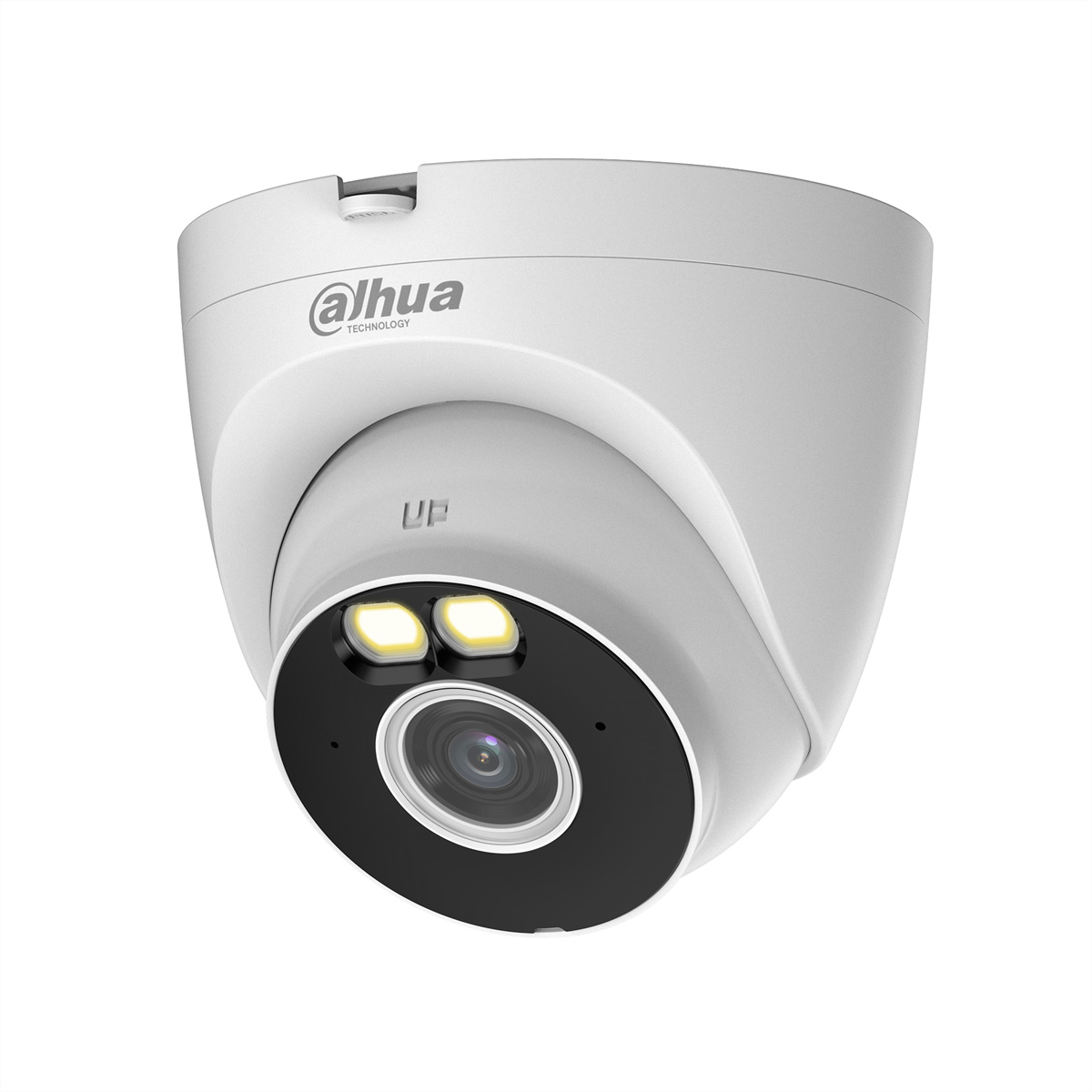 Una telecamera di sicurezza Dahua bianca con due luci e una lente.