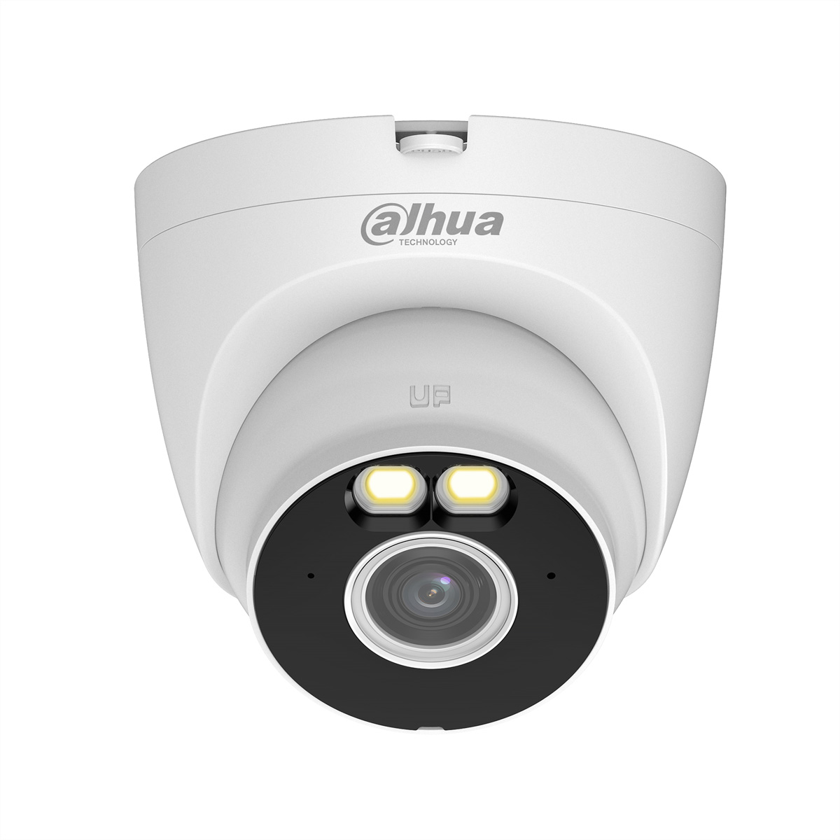 Una telecamera di sicurezza Dahua bianca con obiettivo, due luci e logo.