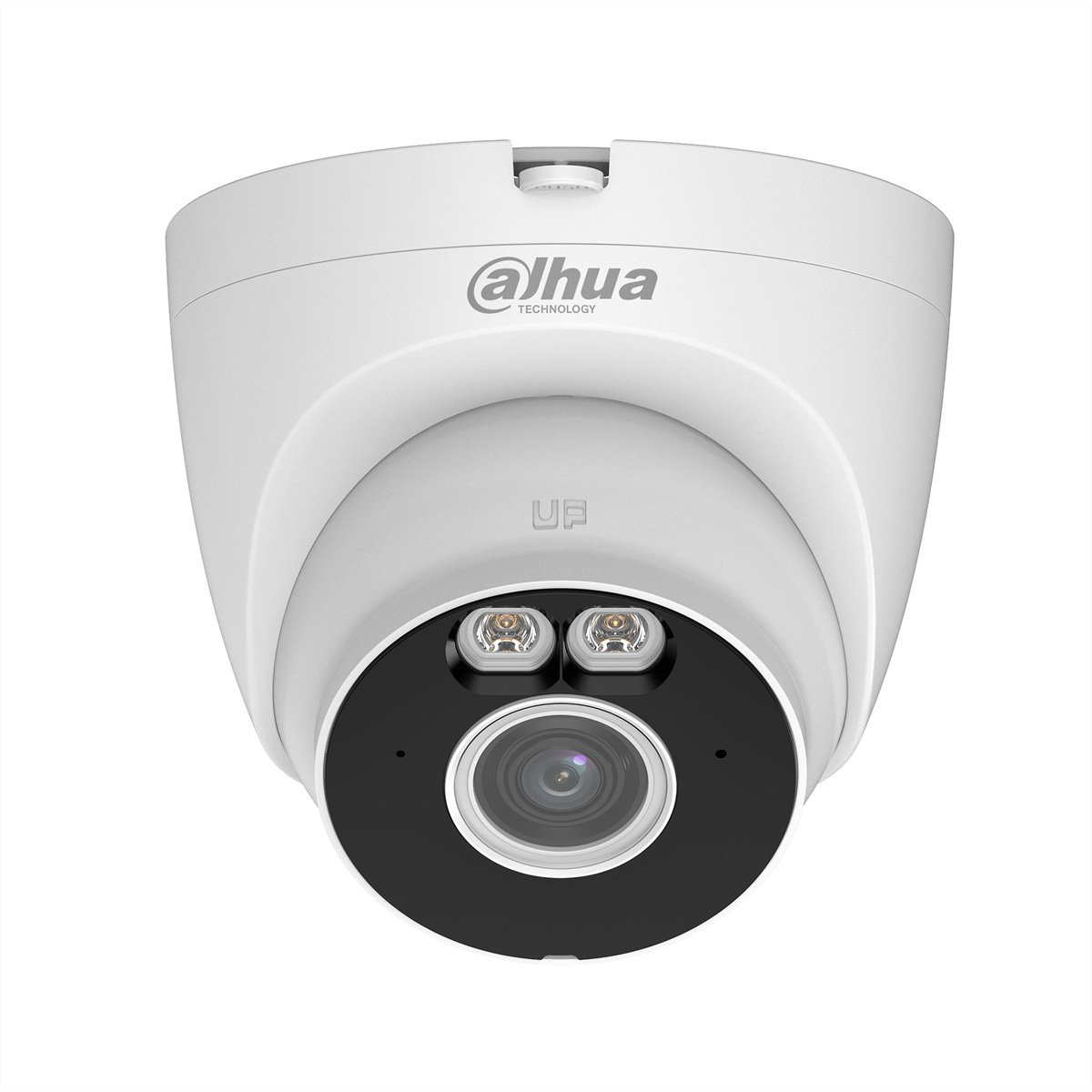 Una telecamera di sicurezza bianca con logo Dahua e due LED sopra l'obiettivo.