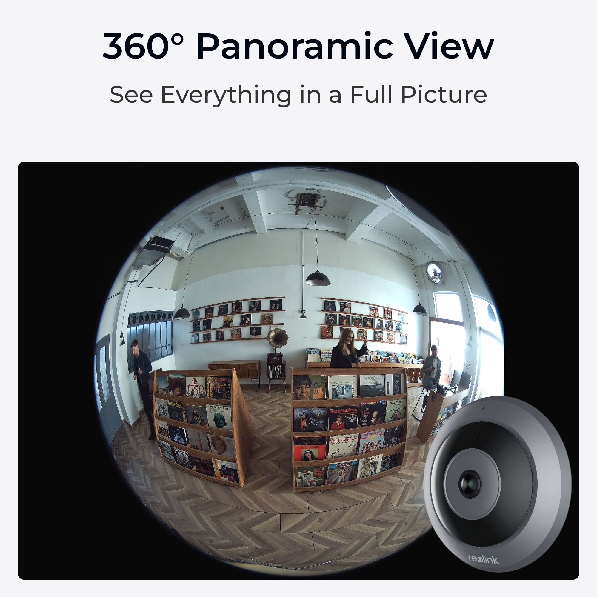 Panoramic view of a store with record shelves and people. A camera is in the lower right.