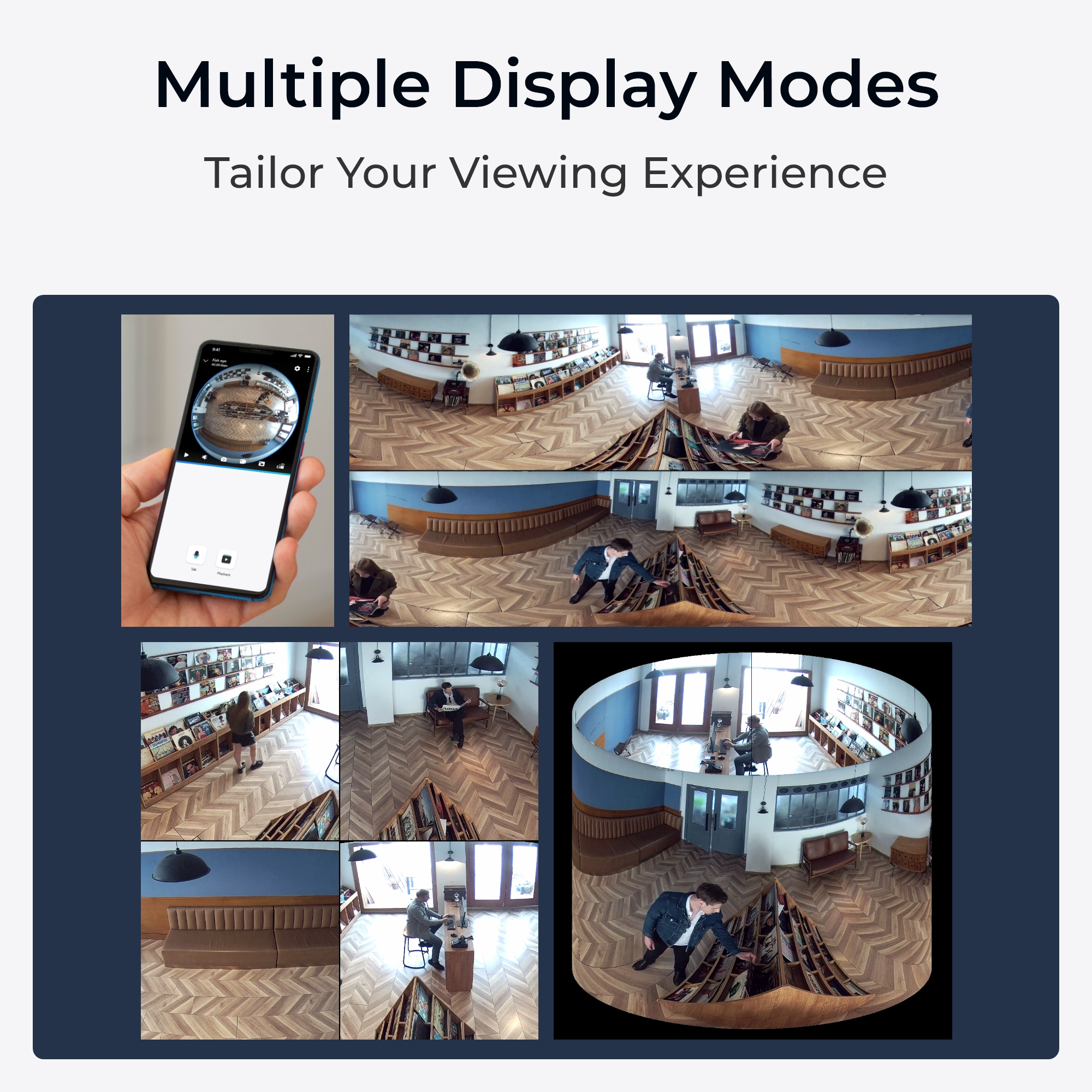 A hand holds a smartphone displaying various views of a room.