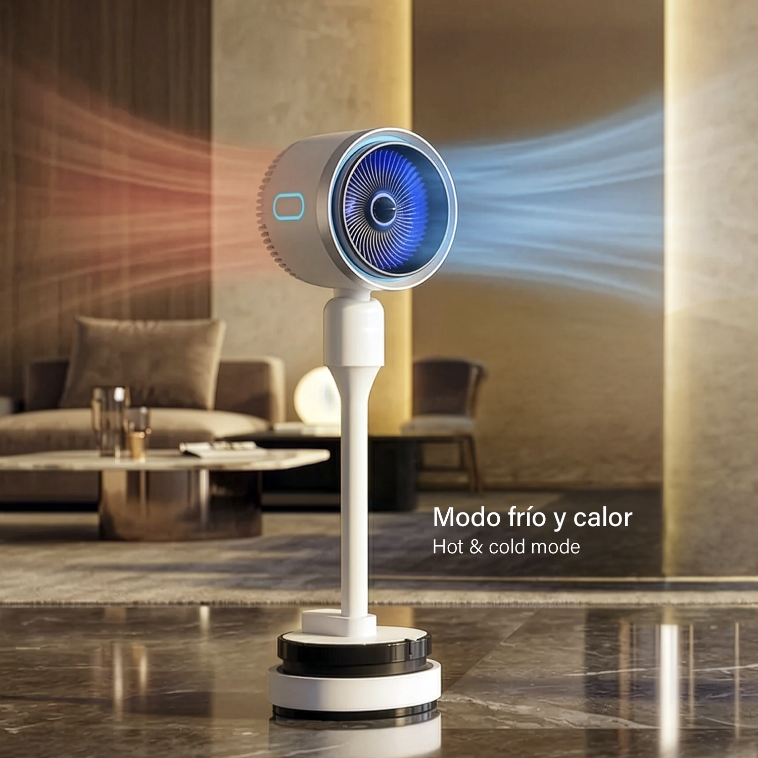Un ventilador moderno con núcleo azul emite flujo de aire azul y rojo.