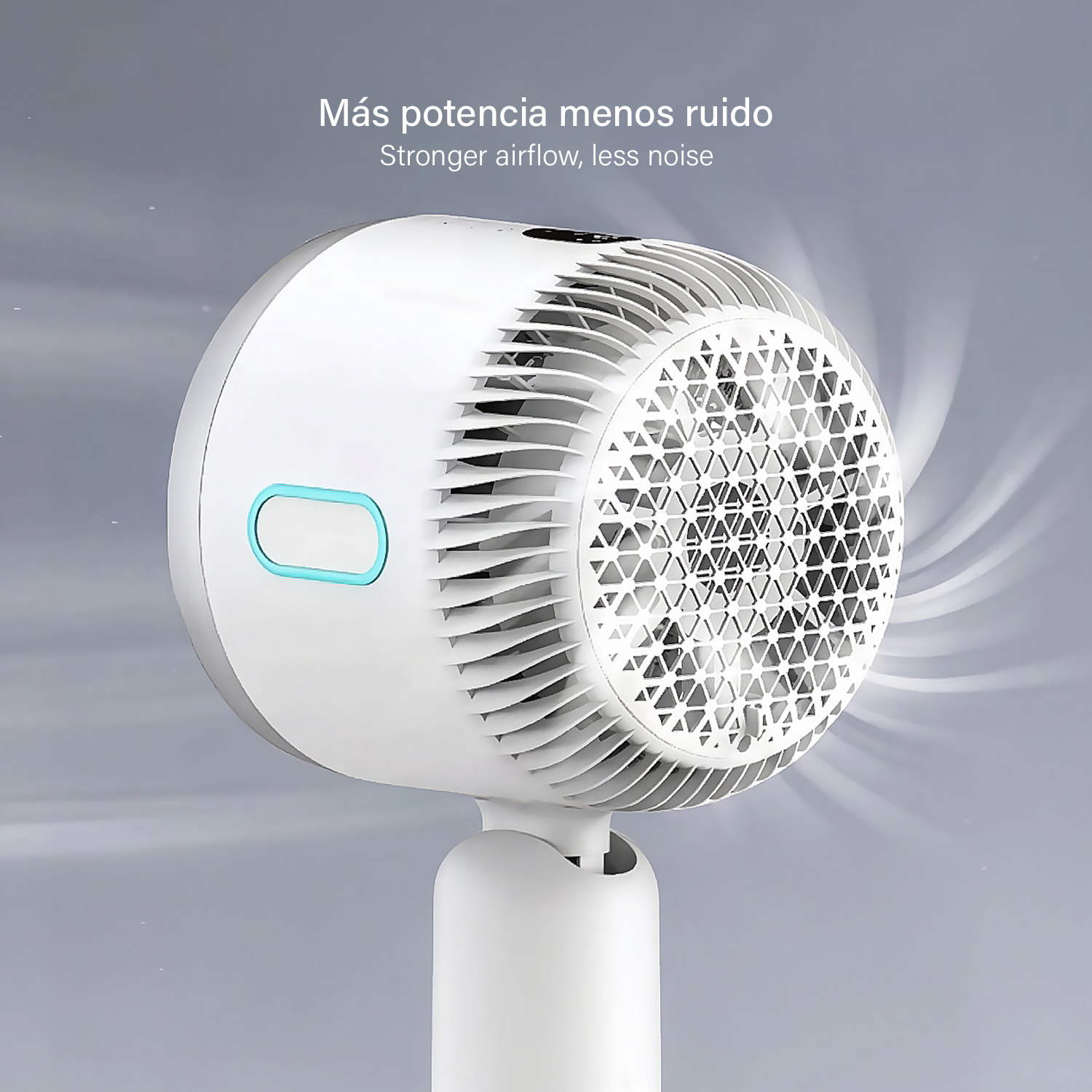 Un ventilador blanco con acento azul, generando flujo de aire.