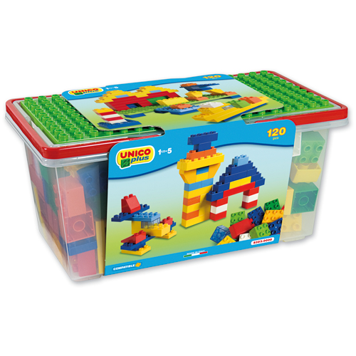 Kasten mit bunten Bausteinen, zeigt eine Spielzeugflugzeug und einen Turm.