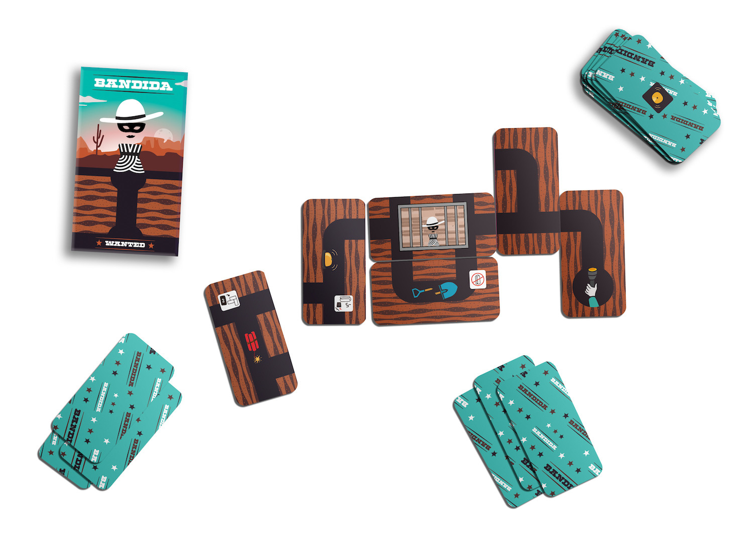 Cartas y fichas de juego para un juego de mesa de temática de bandidos sobre fondo blanco.