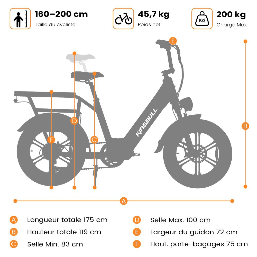 Diagrama de una bicicleta eléctrica mostrando dimensiones: altura 119cm, longitud 175cm, asiento min 83cm, máx asiento 100cm.