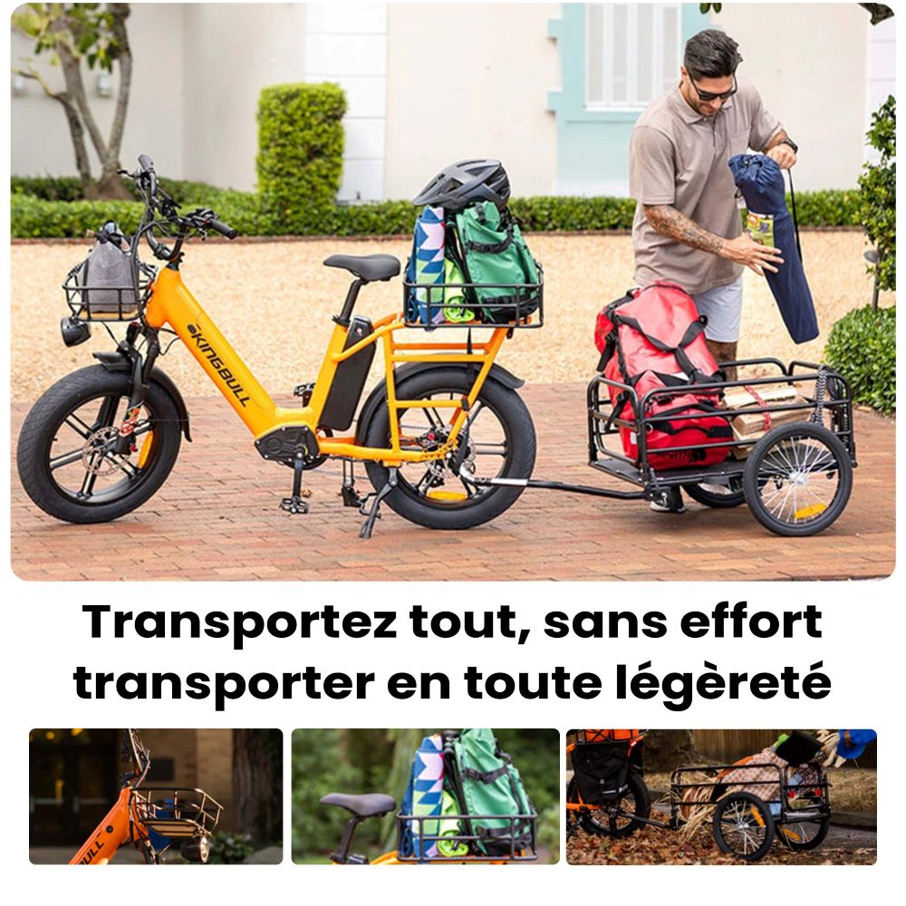 Una bicicleta eléctrica amarilla con remolque, cargada con bolsas y un bulto azul.