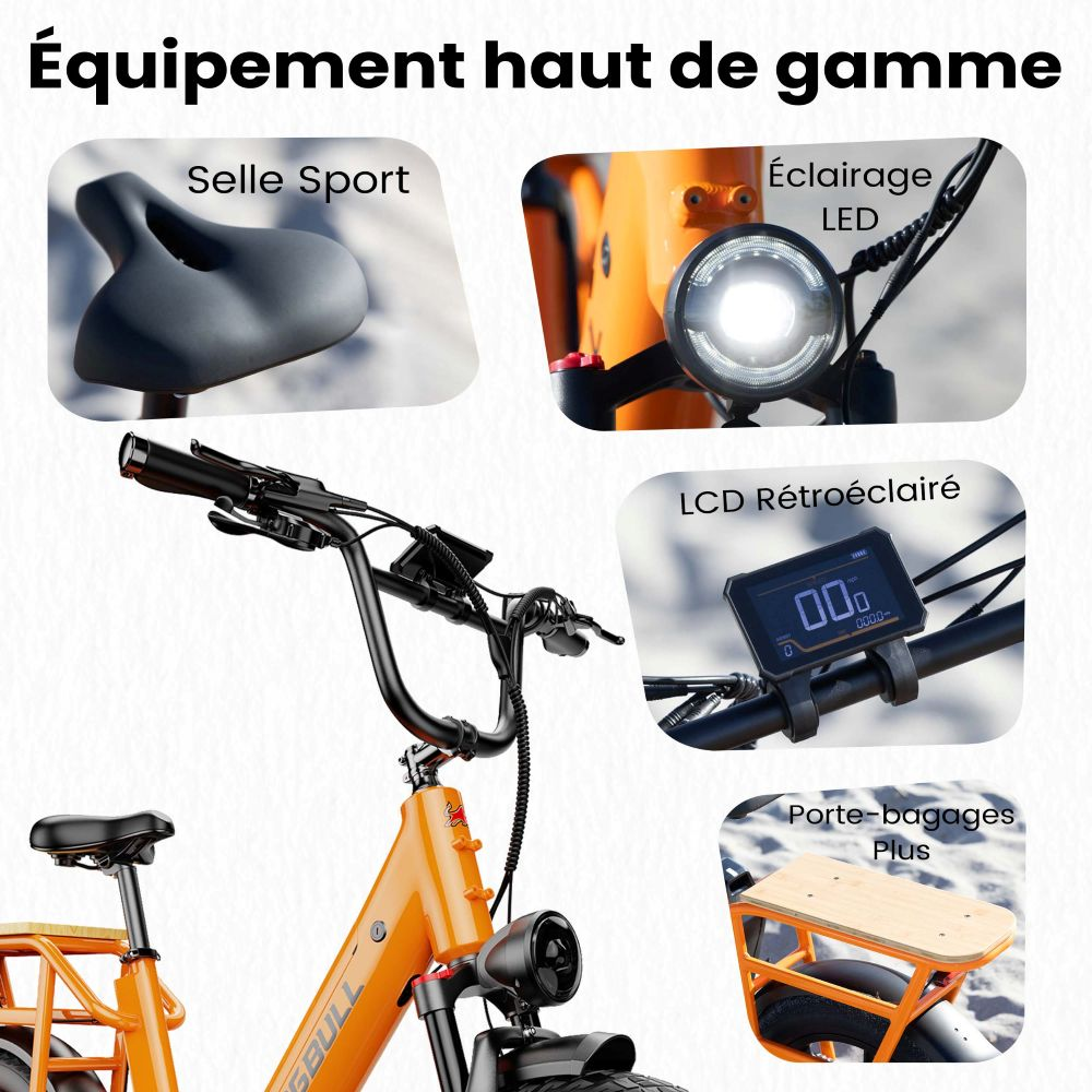 Equipamiento de alta gama: sillín deportivo, luz LED, pantalla LCD, portaequipajes.
