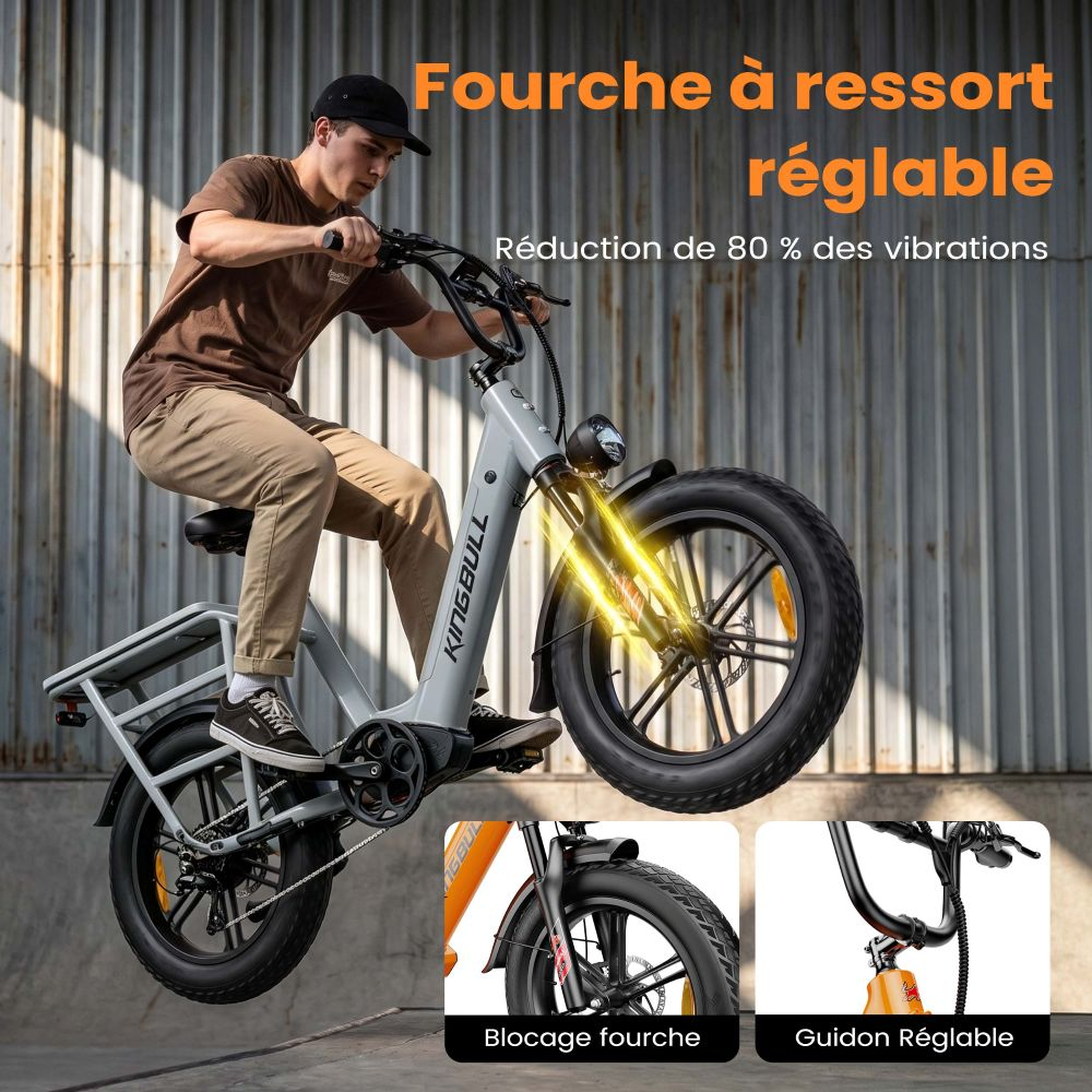 Un hombre monta una e-bike gris con neumáticos anchos. Un detalle muestra la horquilla.