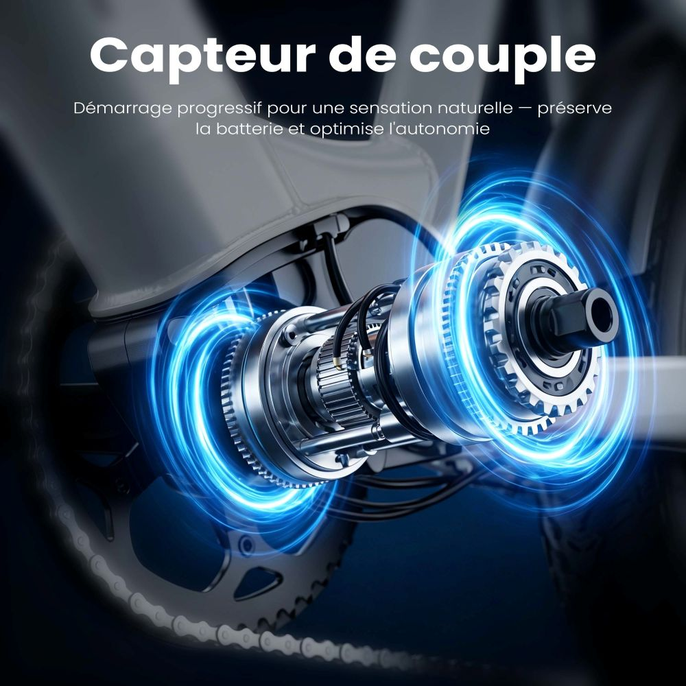 Primer plano de un sensor de par con anillos de luz azul, integrado en un buje de bicicleta eléctrica.