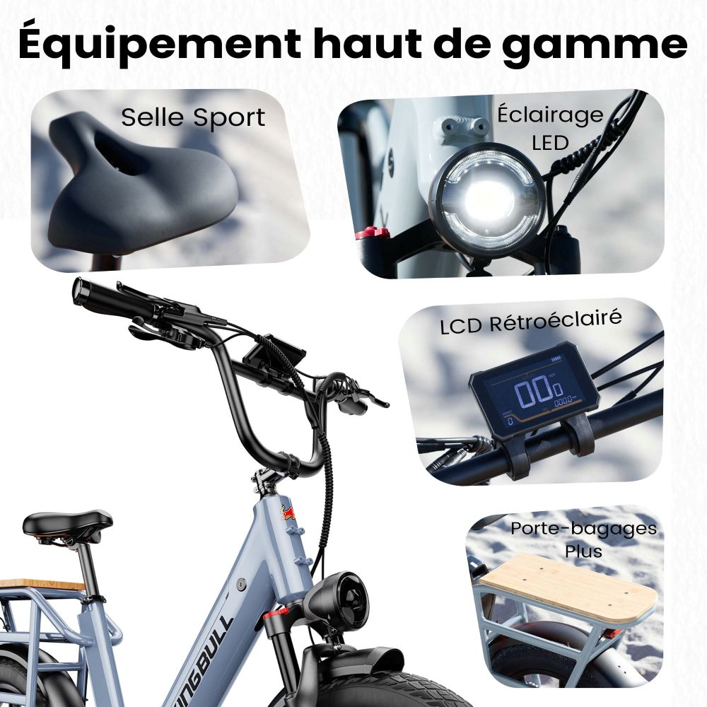 Bicicleta eléctrica con sillín deportivo, luz LED, pantalla LCD y portaequipajes.
